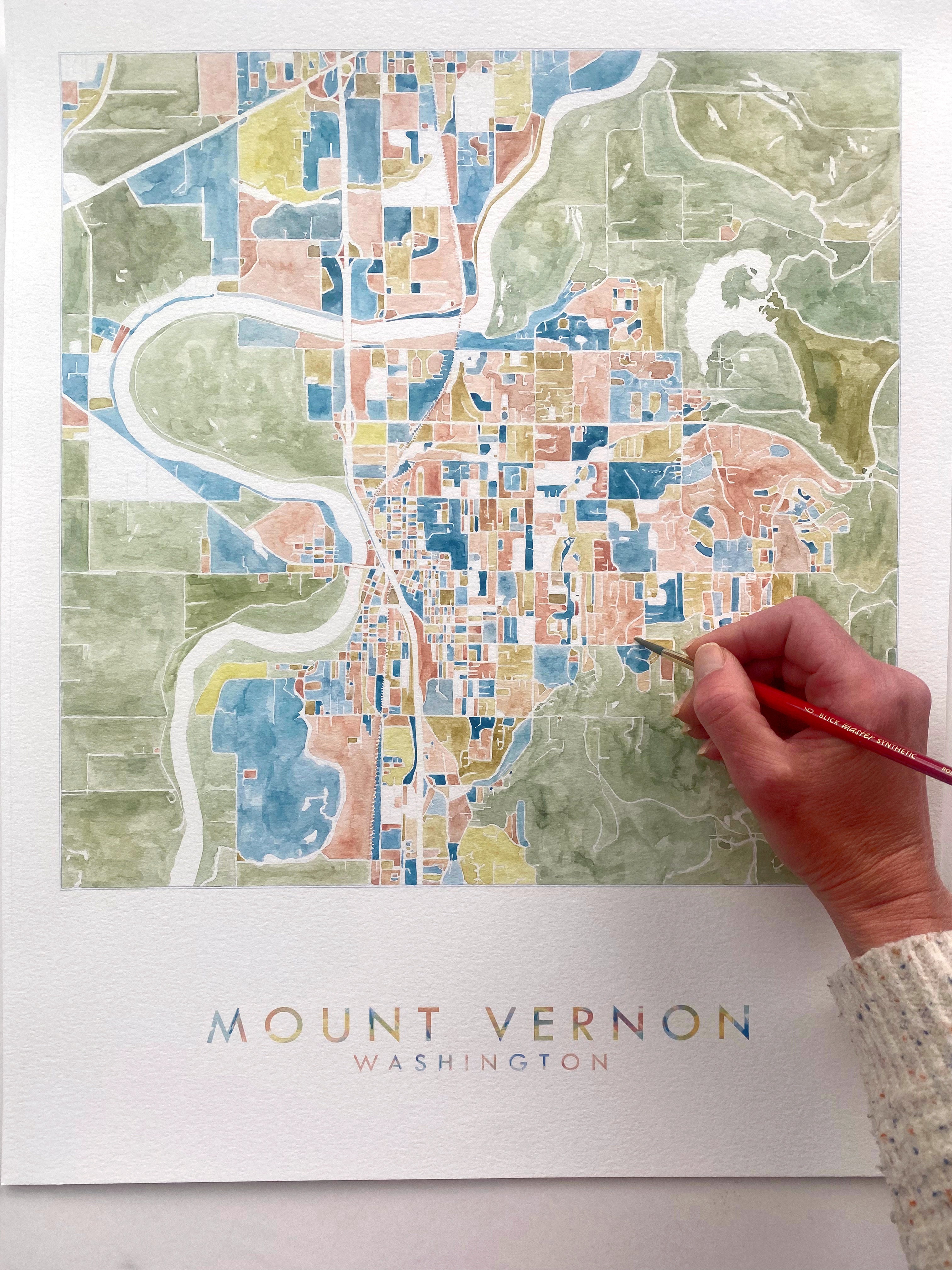 MOUNT VERNON Washington Watercolor City Blocks Map: ORIGINAL PAINTING