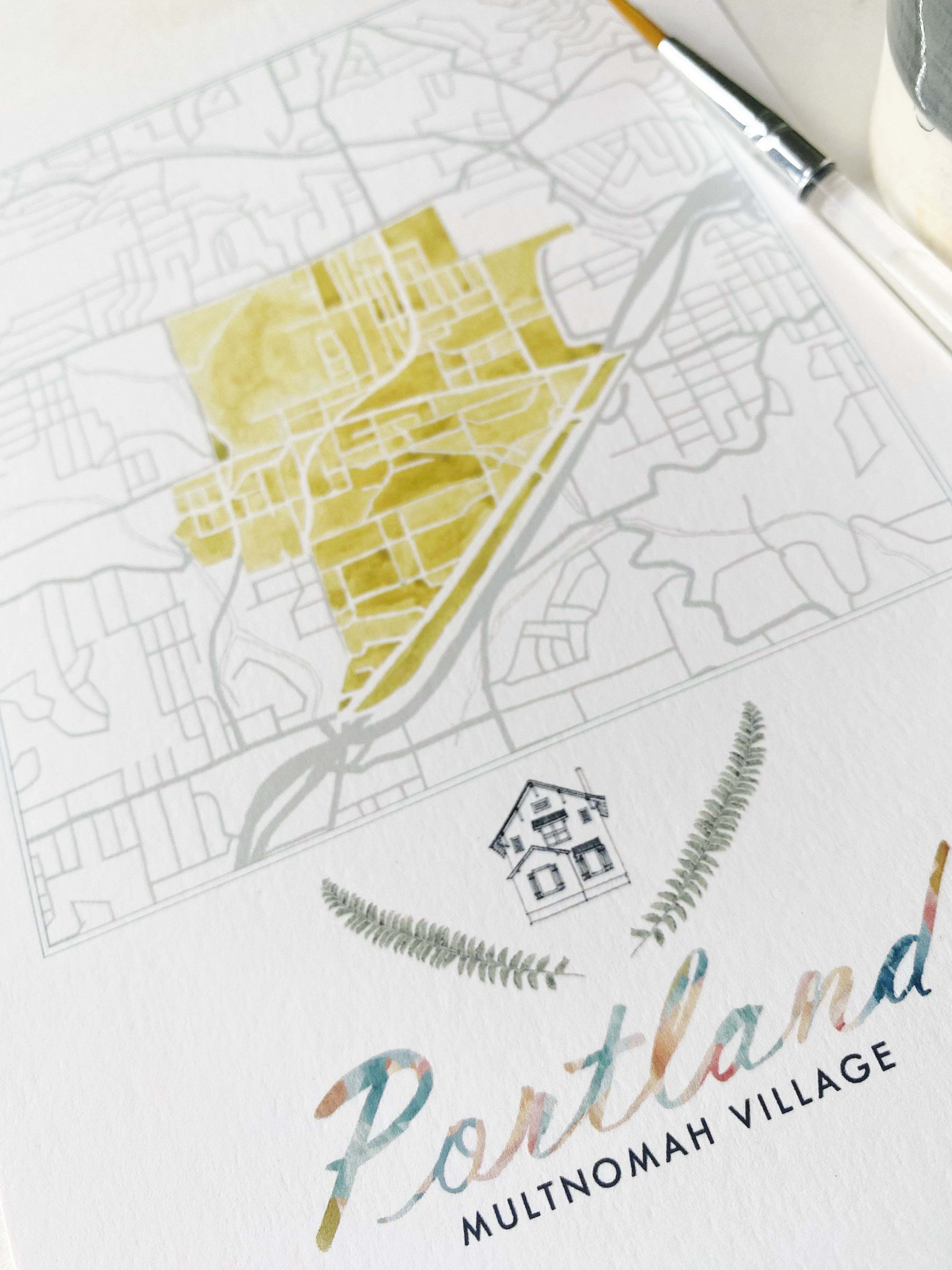Multnomah Village PORTLAND Neighborhood Watercolor Map: PRINT