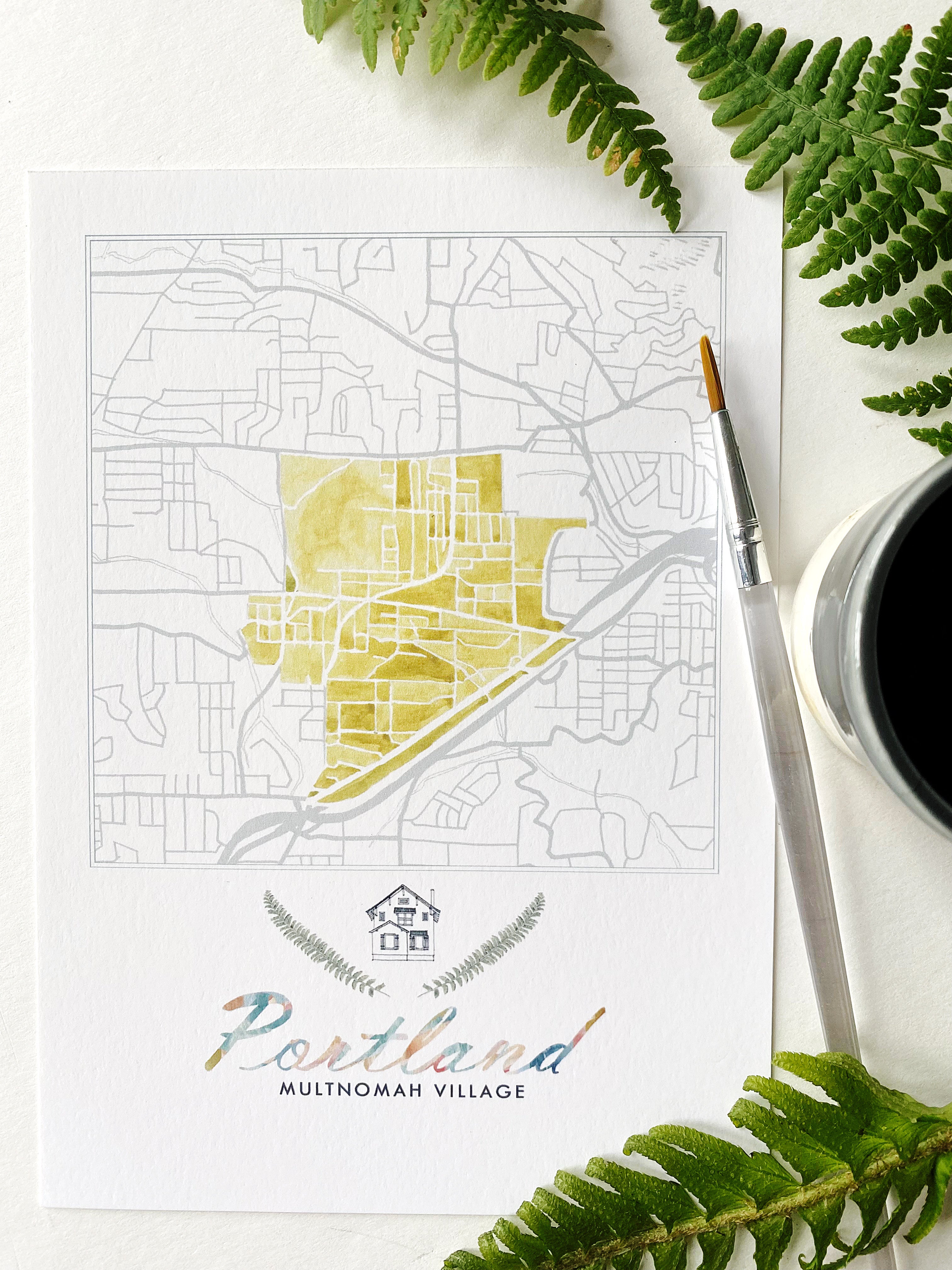 Multnomah Village PORTLAND Neighborhood Watercolor Map: PRINT