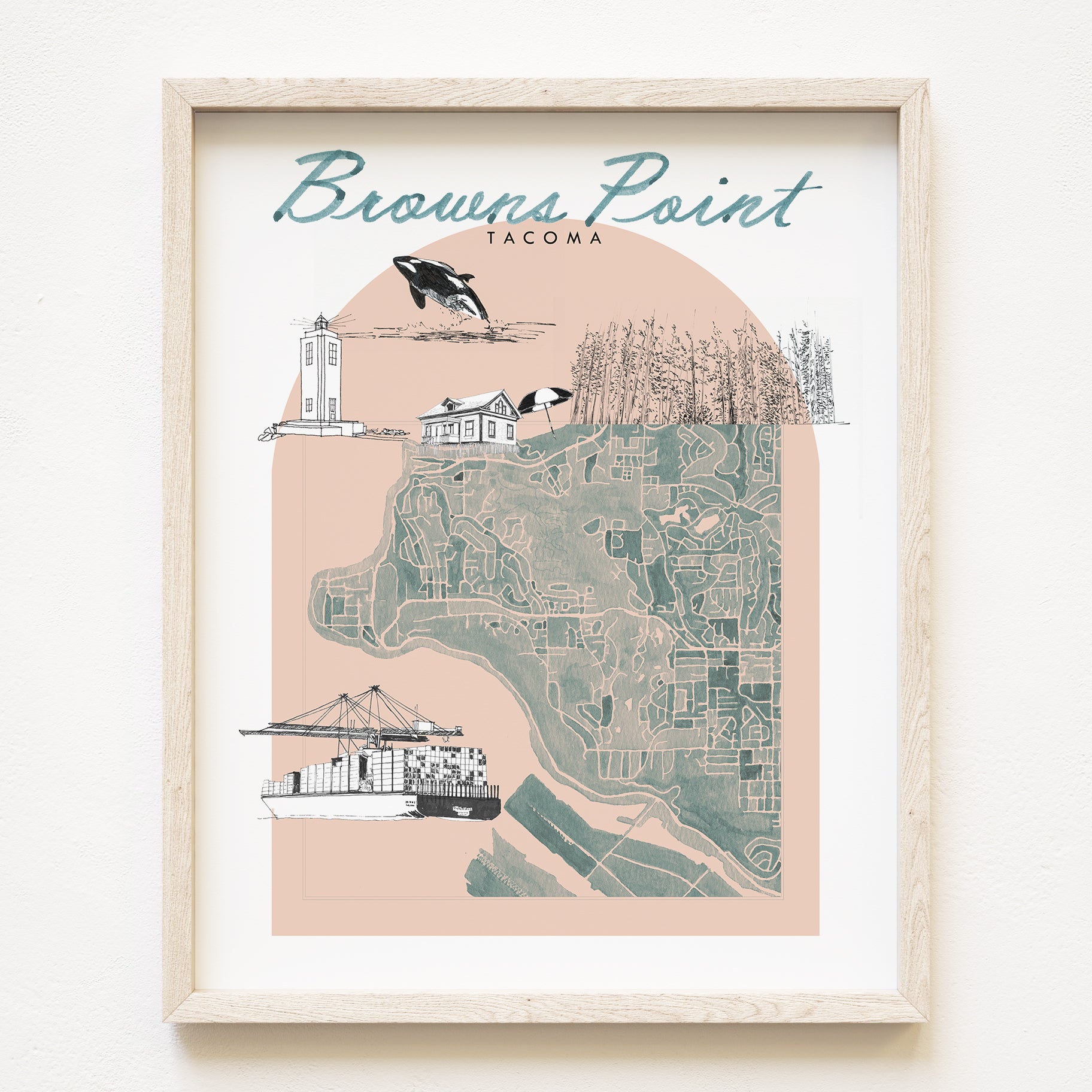new BROWNS POINT TACOMA Neighborhood "Charms" Watercolor Map: PRINT
