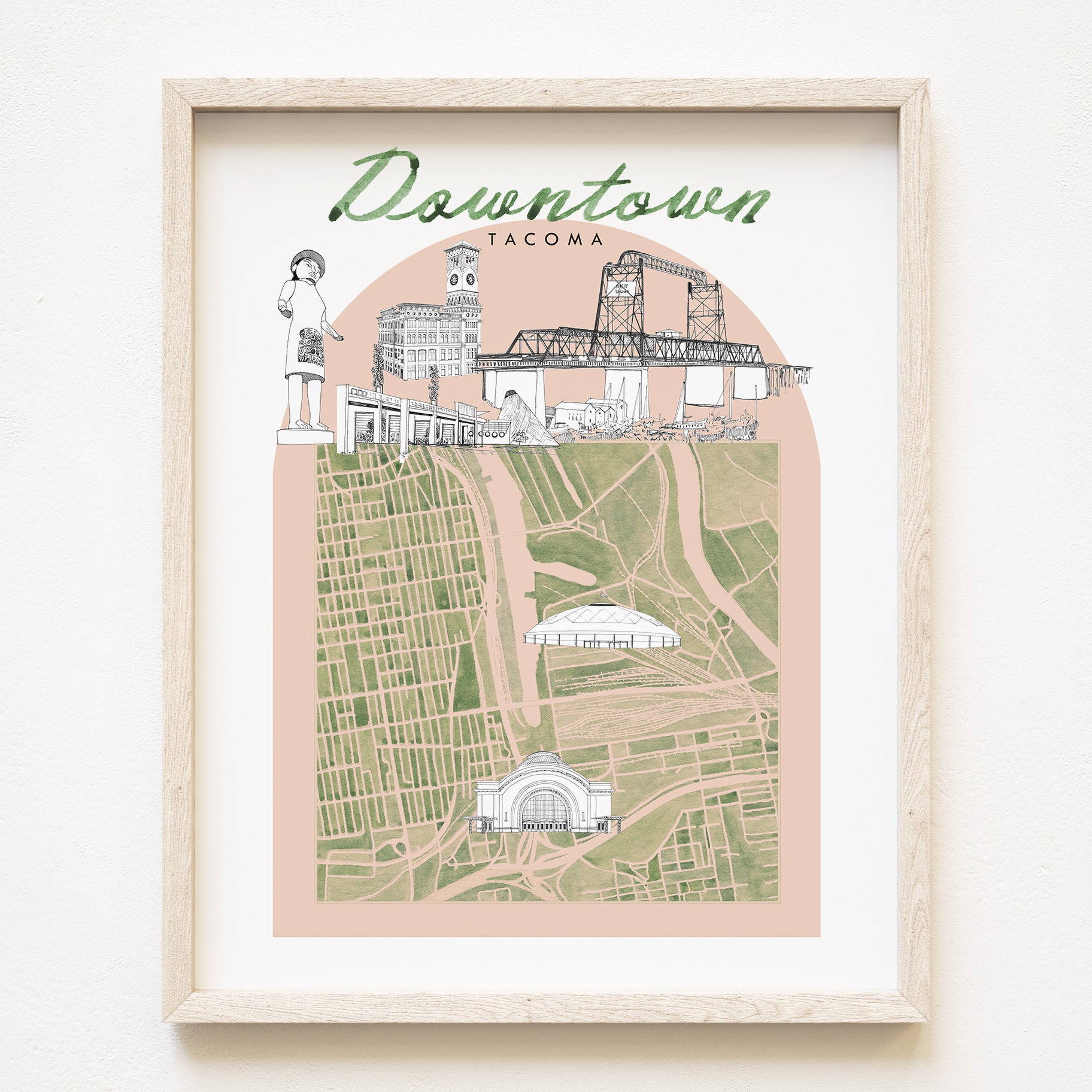 new DOWNTOWN TACOMA Neighborhood "Charms" Watercolor Map: PRINT