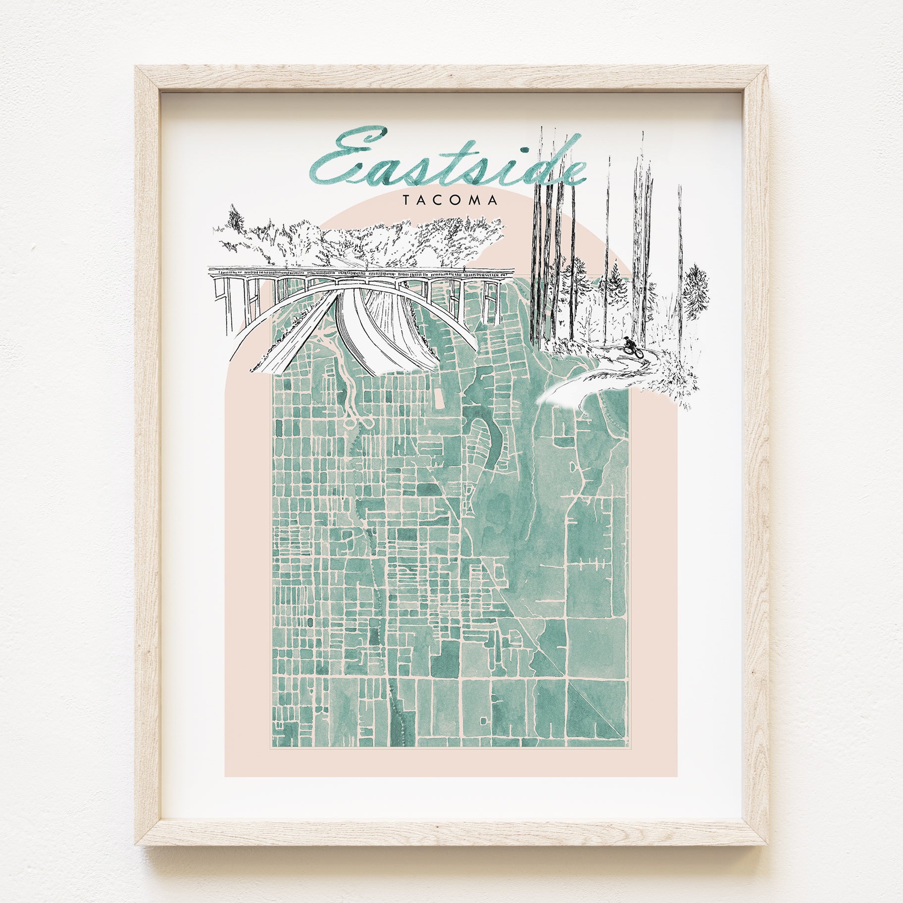 new EAST SIDE TACOMA Neighborhood "Charms" Watercolor Map: PRINT