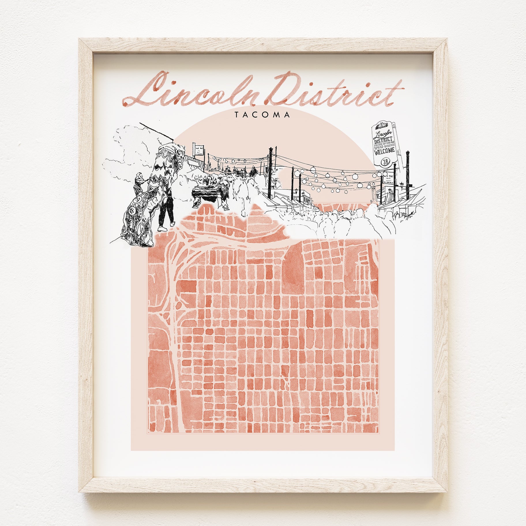 new LINCOLN DISTRICT TACOMA Neighborhood "Charms" Watercolor Map: PRINT