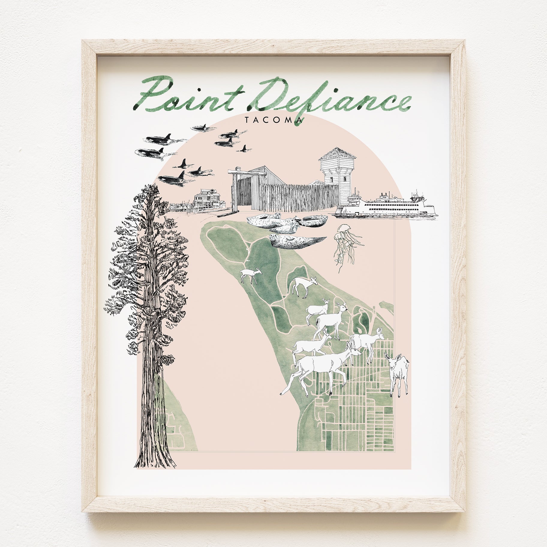 new POINT DEFIANCE TACOMA Neighborhood "Charms" Watercolor Map: PRINT