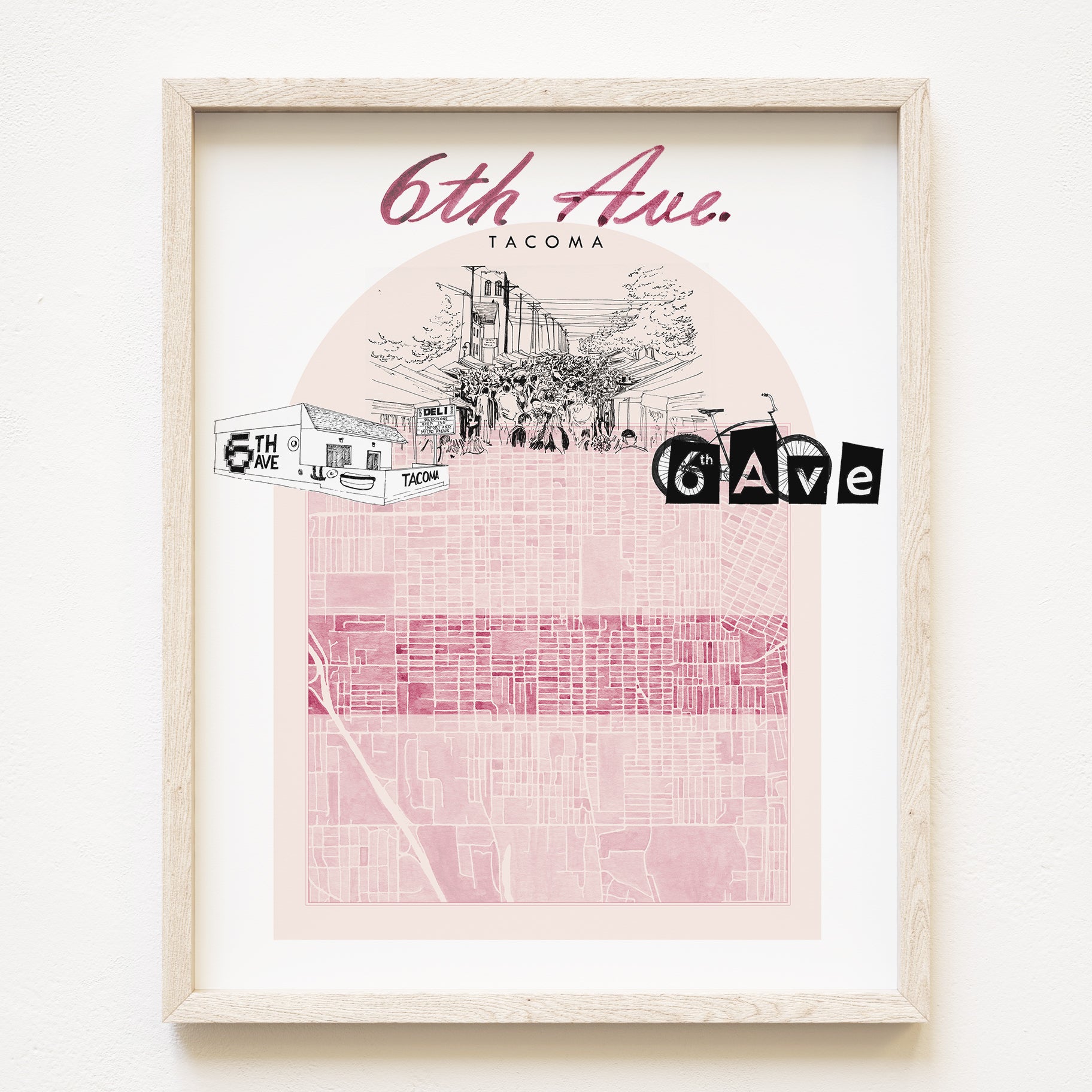 new SIXTH AVE TACOMA Neighborhood "Charms" Watercolor Map: PRINT