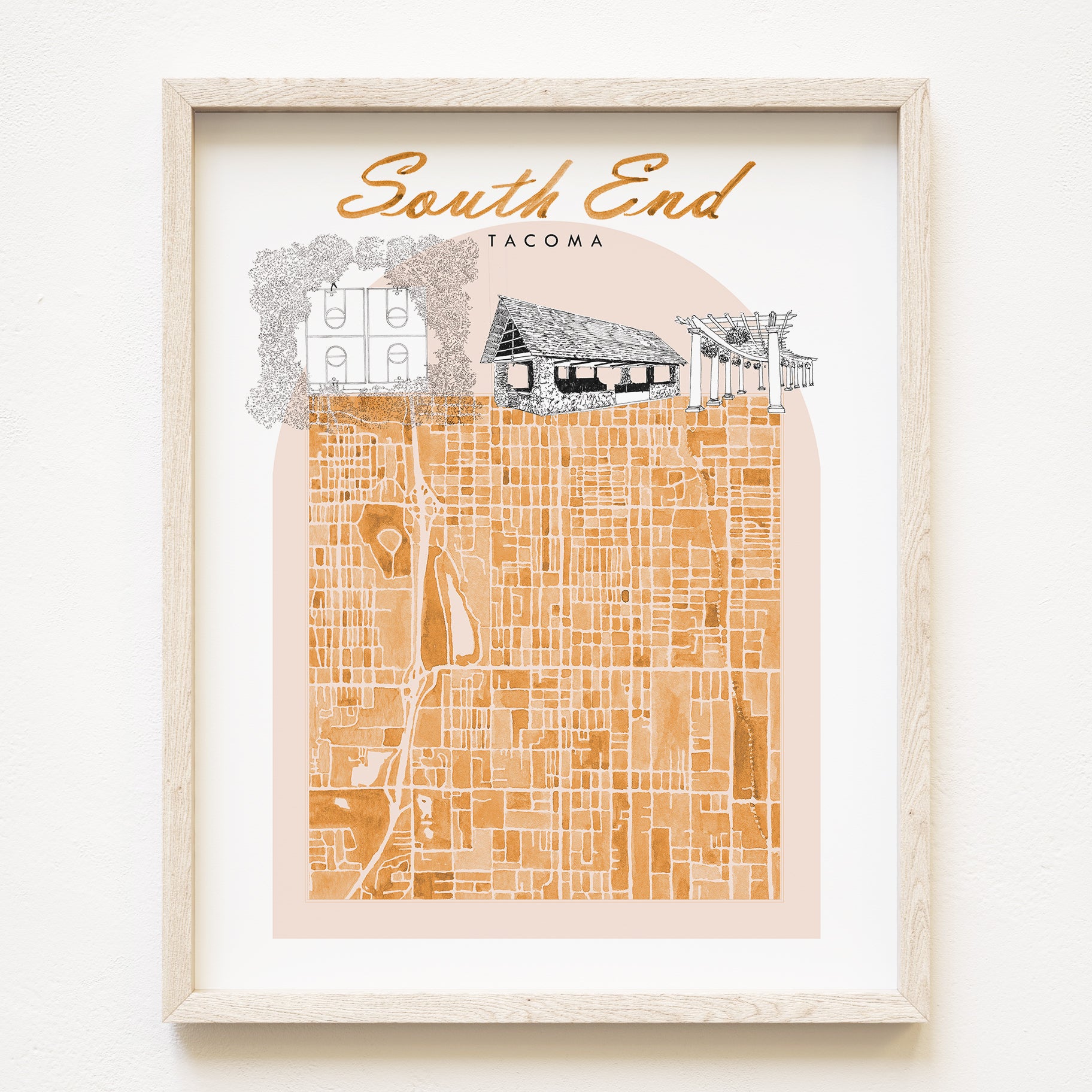 new SOUTH END TACOMA Neighborhood "Charms" Watercolor Map: PRINT