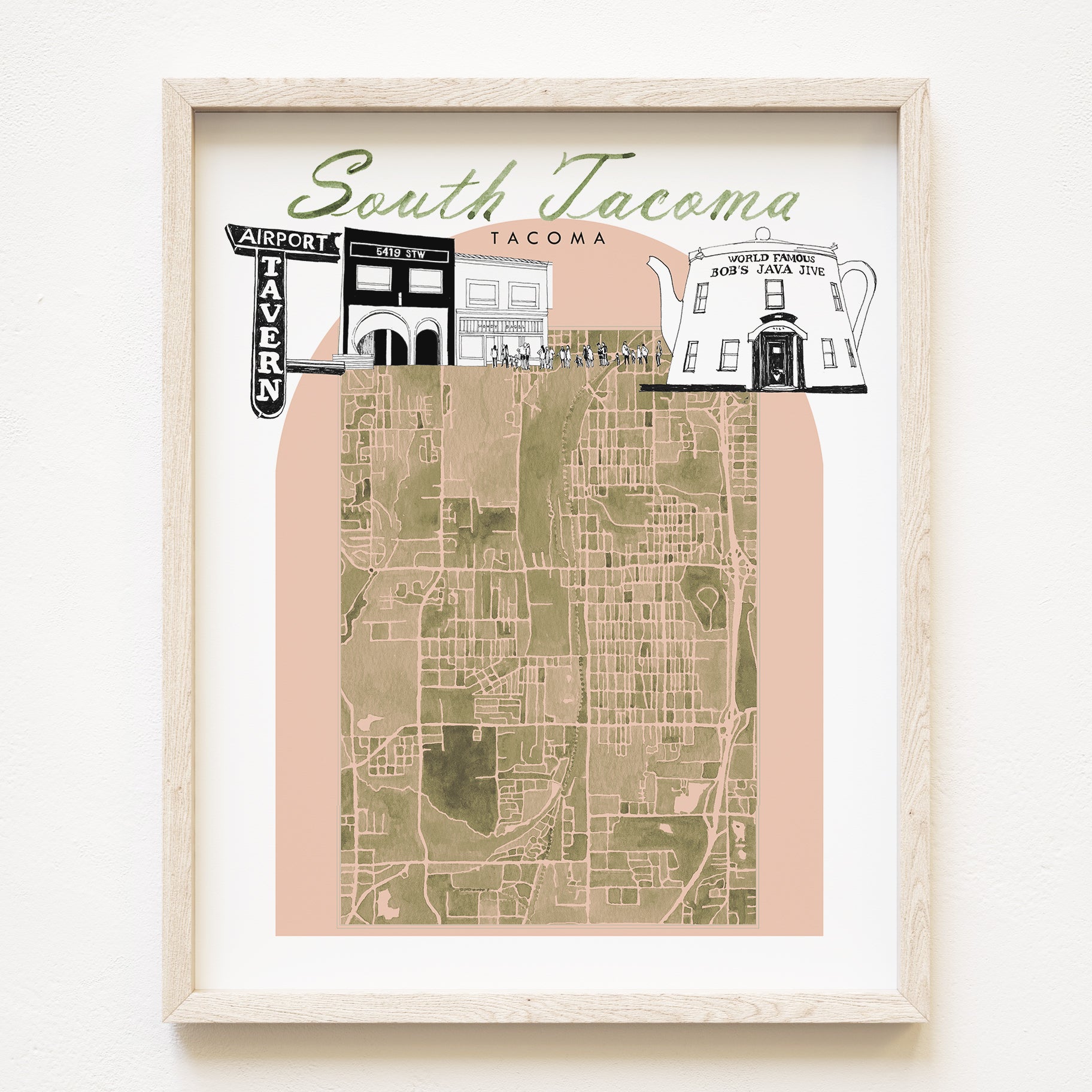new SOUTH TACOMA Neighborhood "Charms" Watercolor Map: PRINT