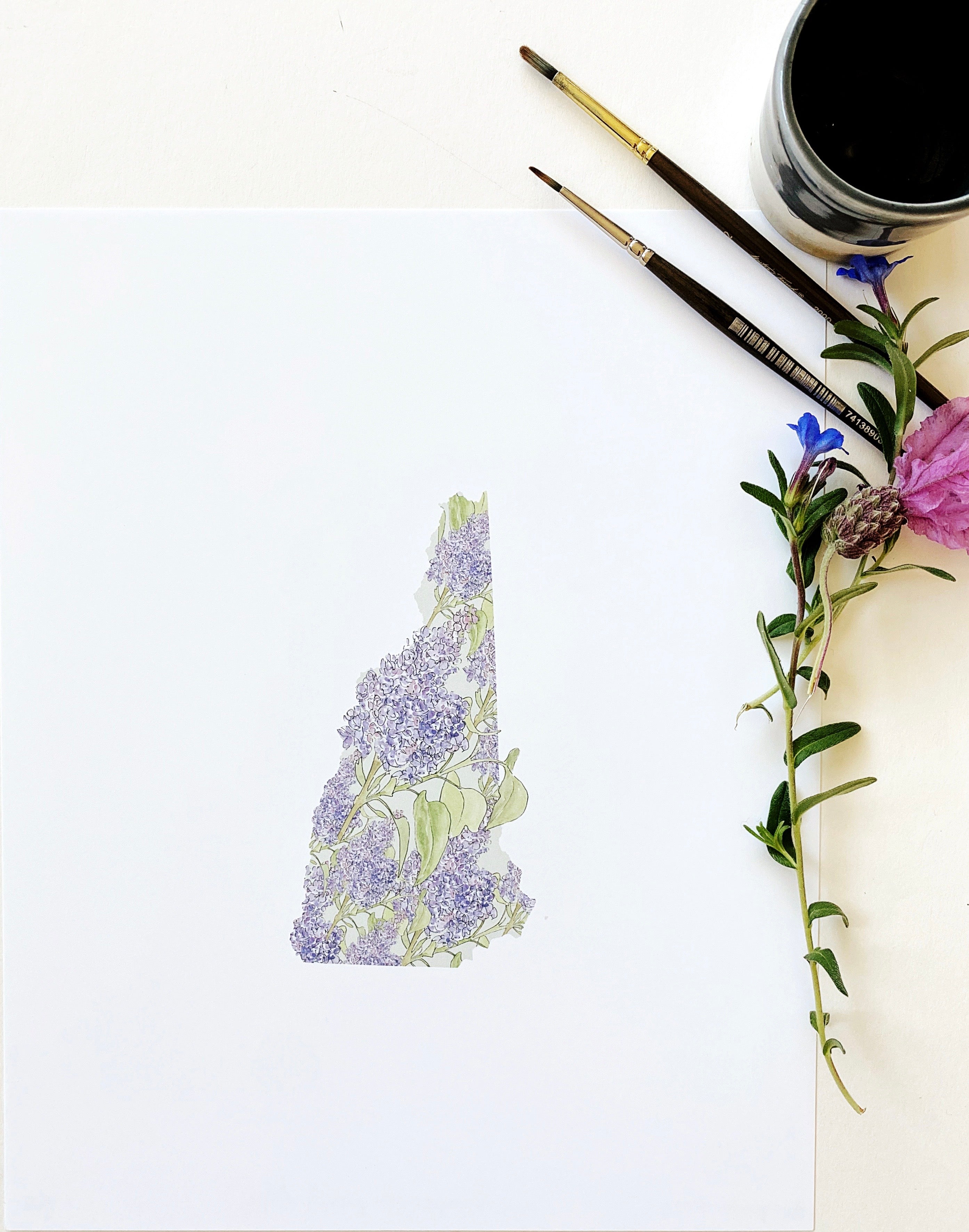 NEW HAMPSHIRE State Flower Map: Purple Lilac: PRINT