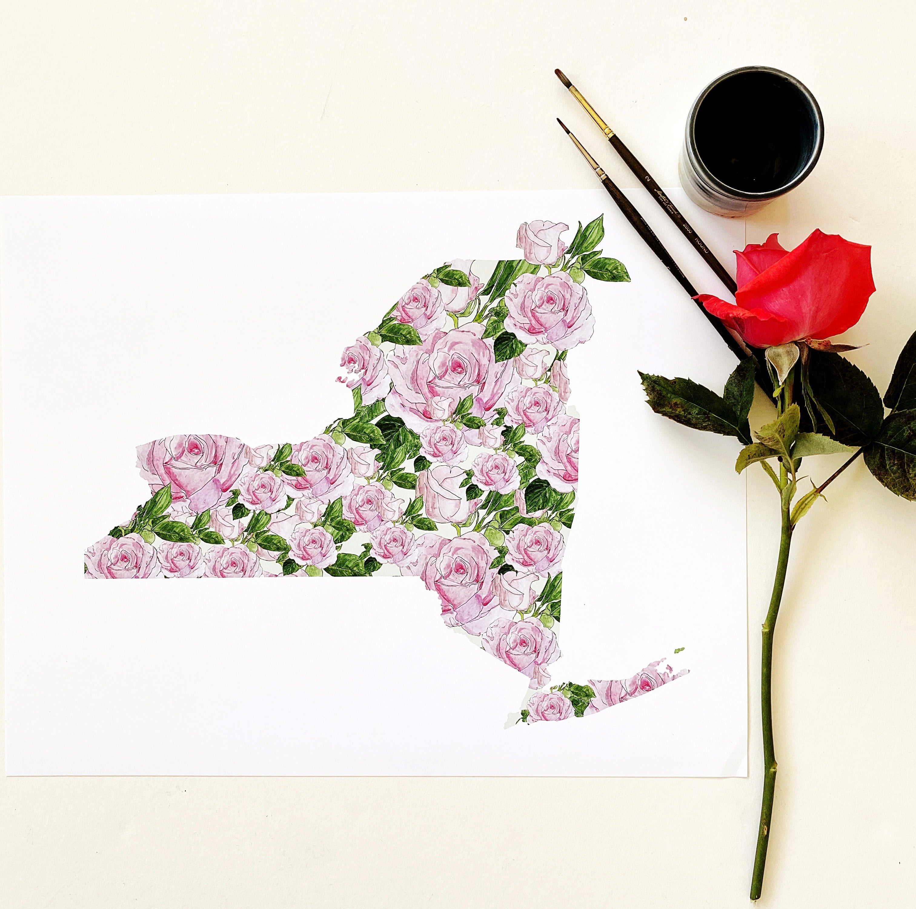 NEW YORK State Flower Map: Rose: PRINT
