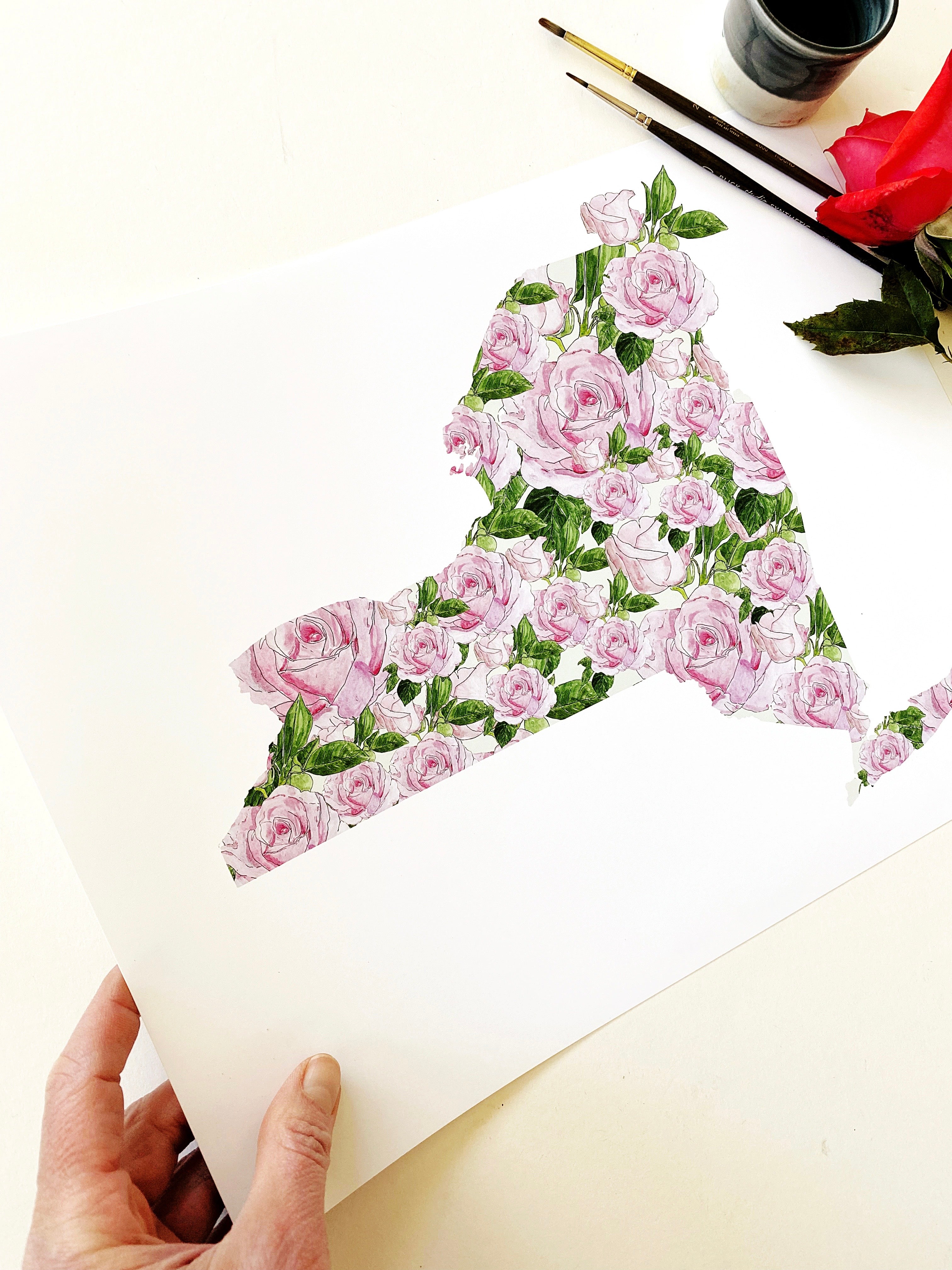 NEW YORK State Flower Map: Rose: PRINT