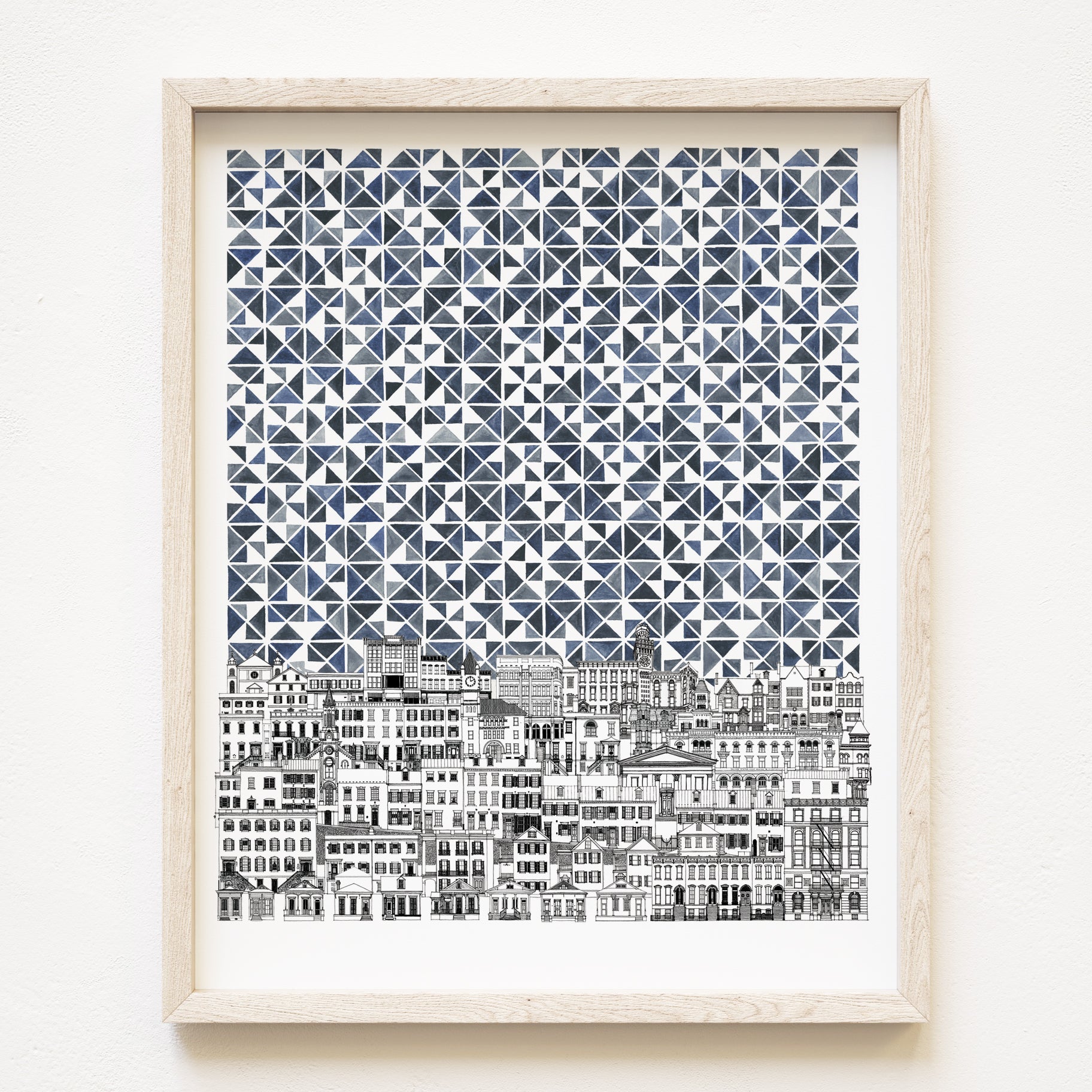NIGHT CITY CityScape Architectural Drawing + Geometric Sky: PRINT
