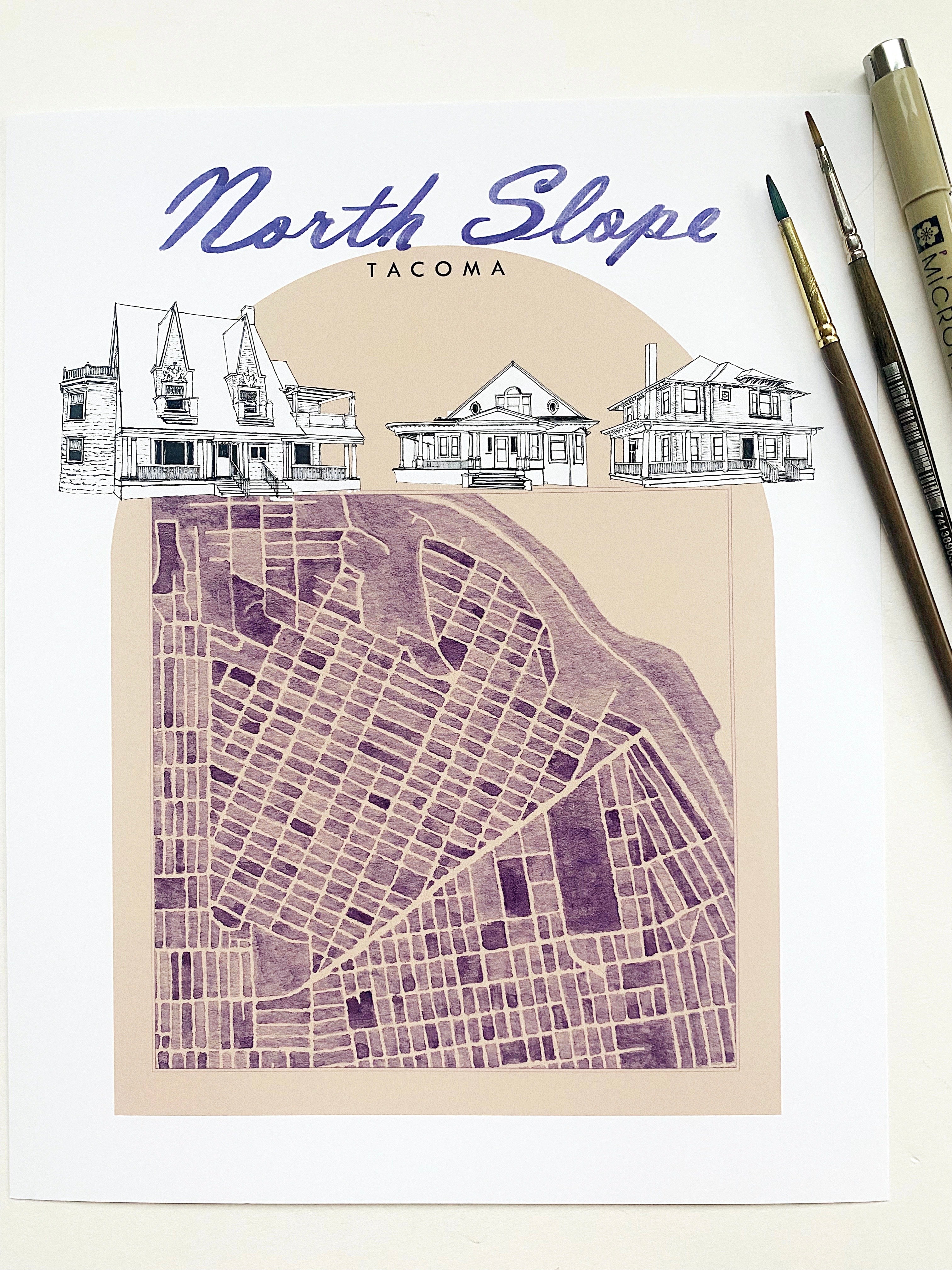 new NORTH SLOPE TACOMA Neighborhood "Charms" Watercolor Map: PRINT