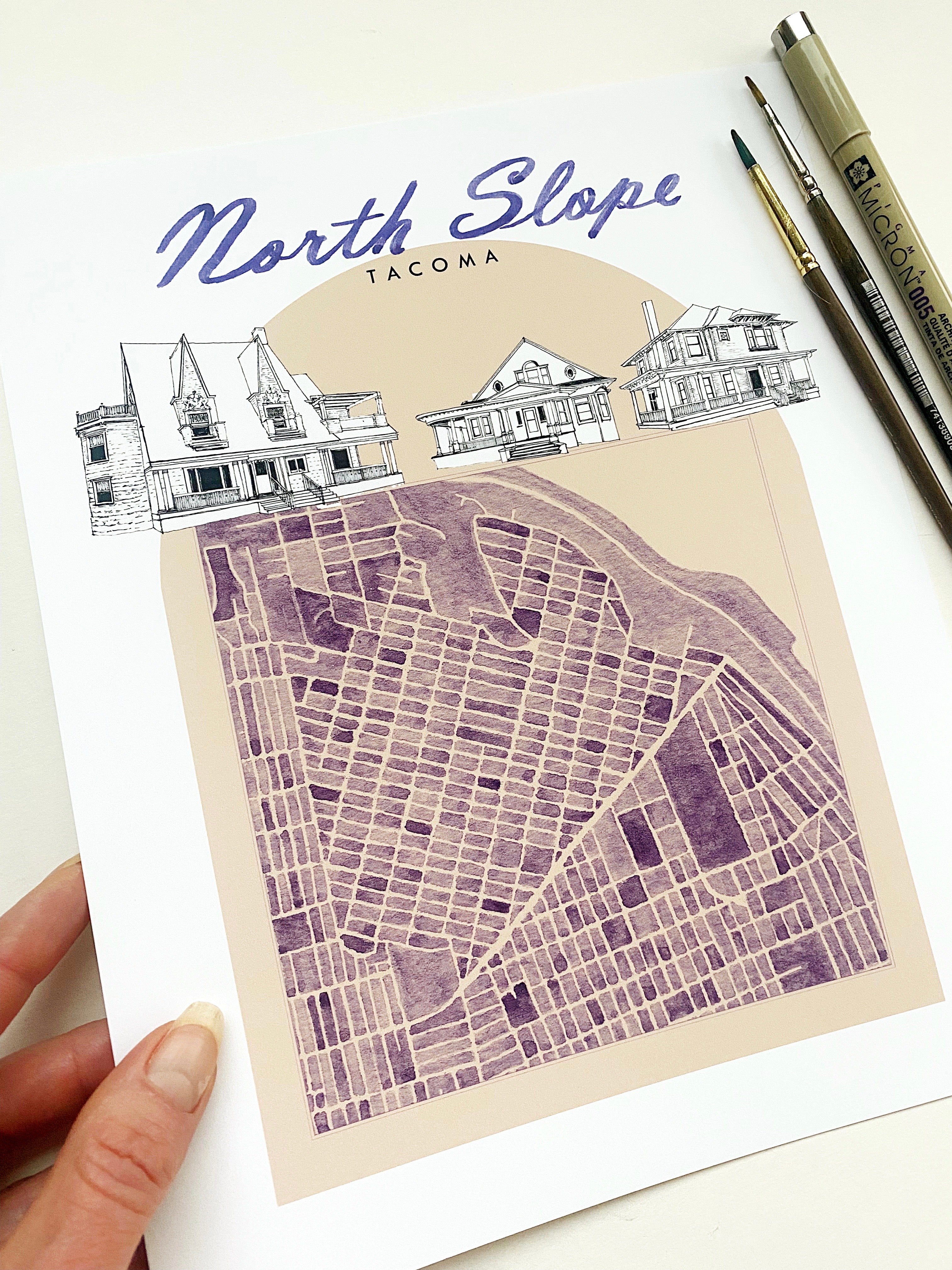 new NORTH SLOPE TACOMA Neighborhood "Charms" Watercolor Map: PRINT