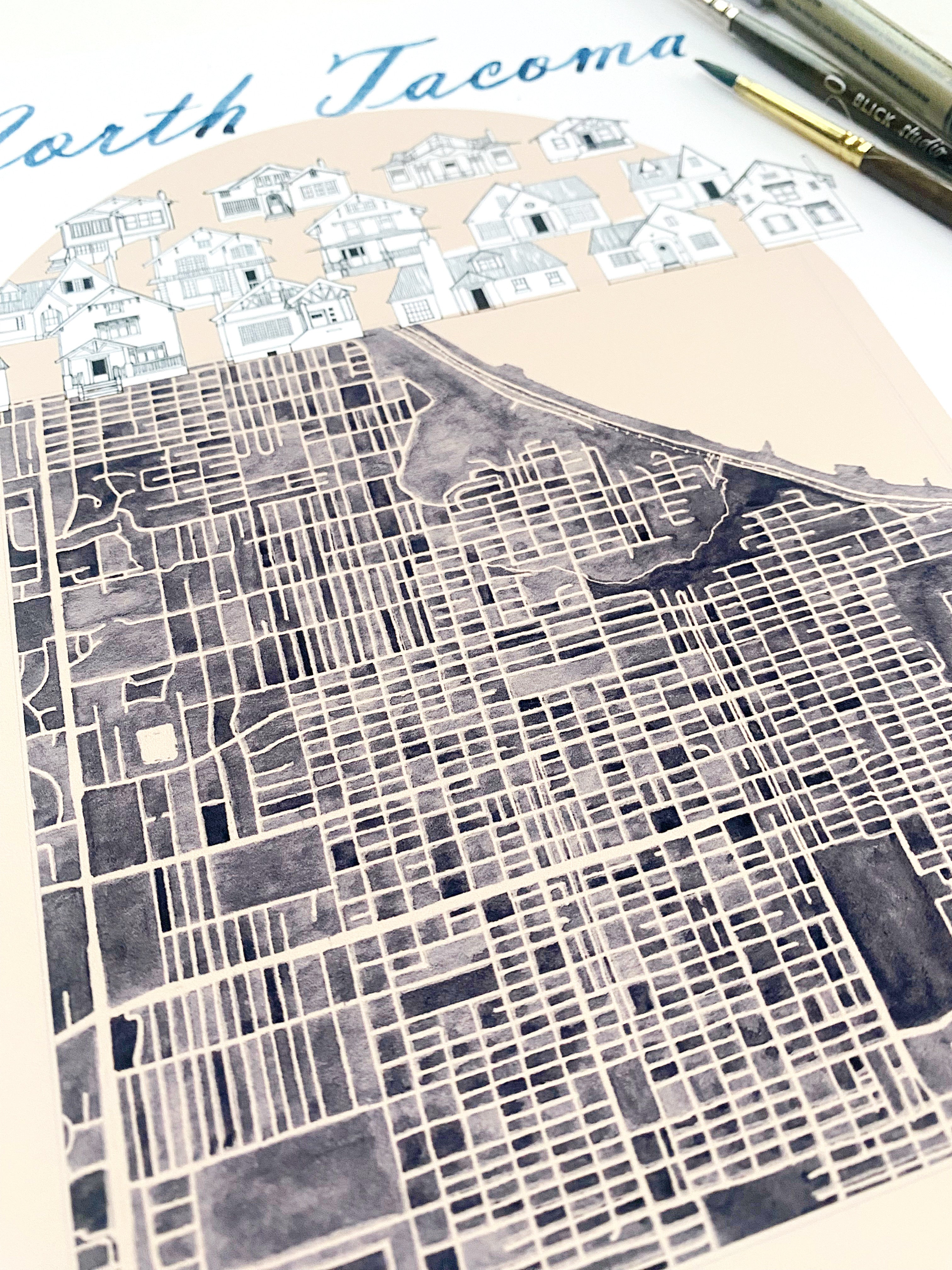 new NORTH TACOMA Neighborhood "Charms" Watercolor Map: PRINT