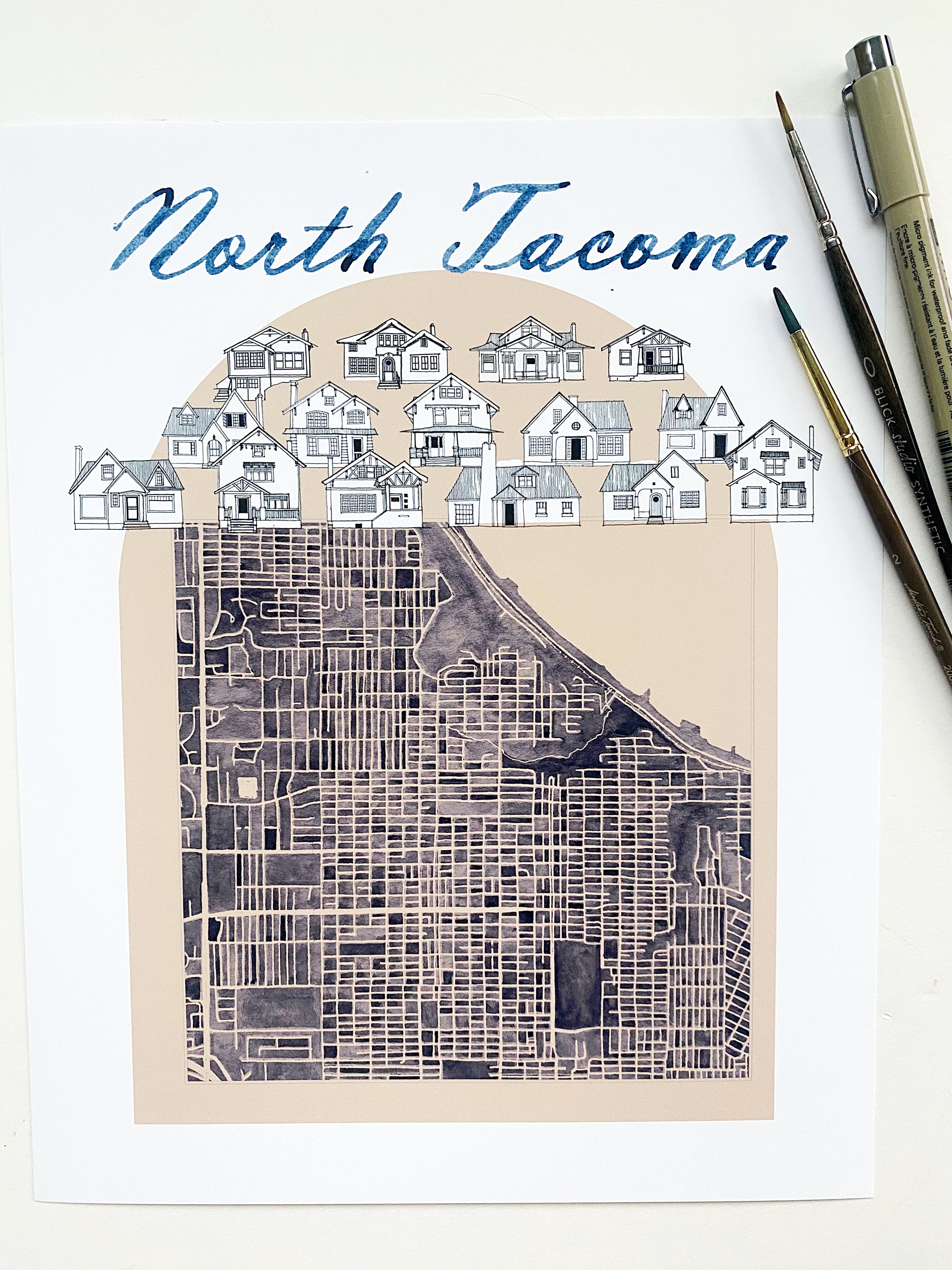 new NORTH TACOMA Neighborhood "Charms" Watercolor Map: PRINT