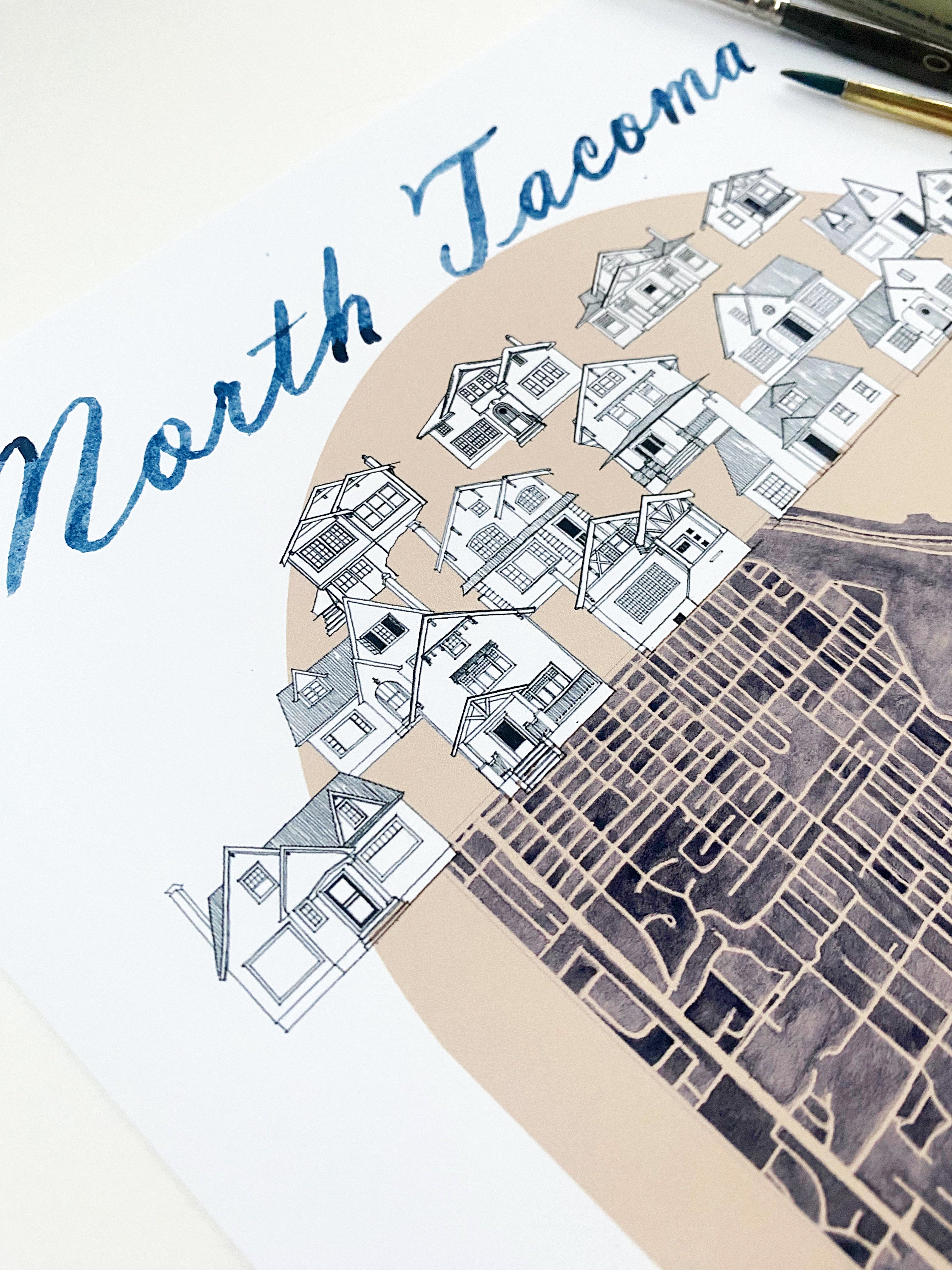 new NORTH TACOMA Neighborhood "Charms" Watercolor Map: PRINT