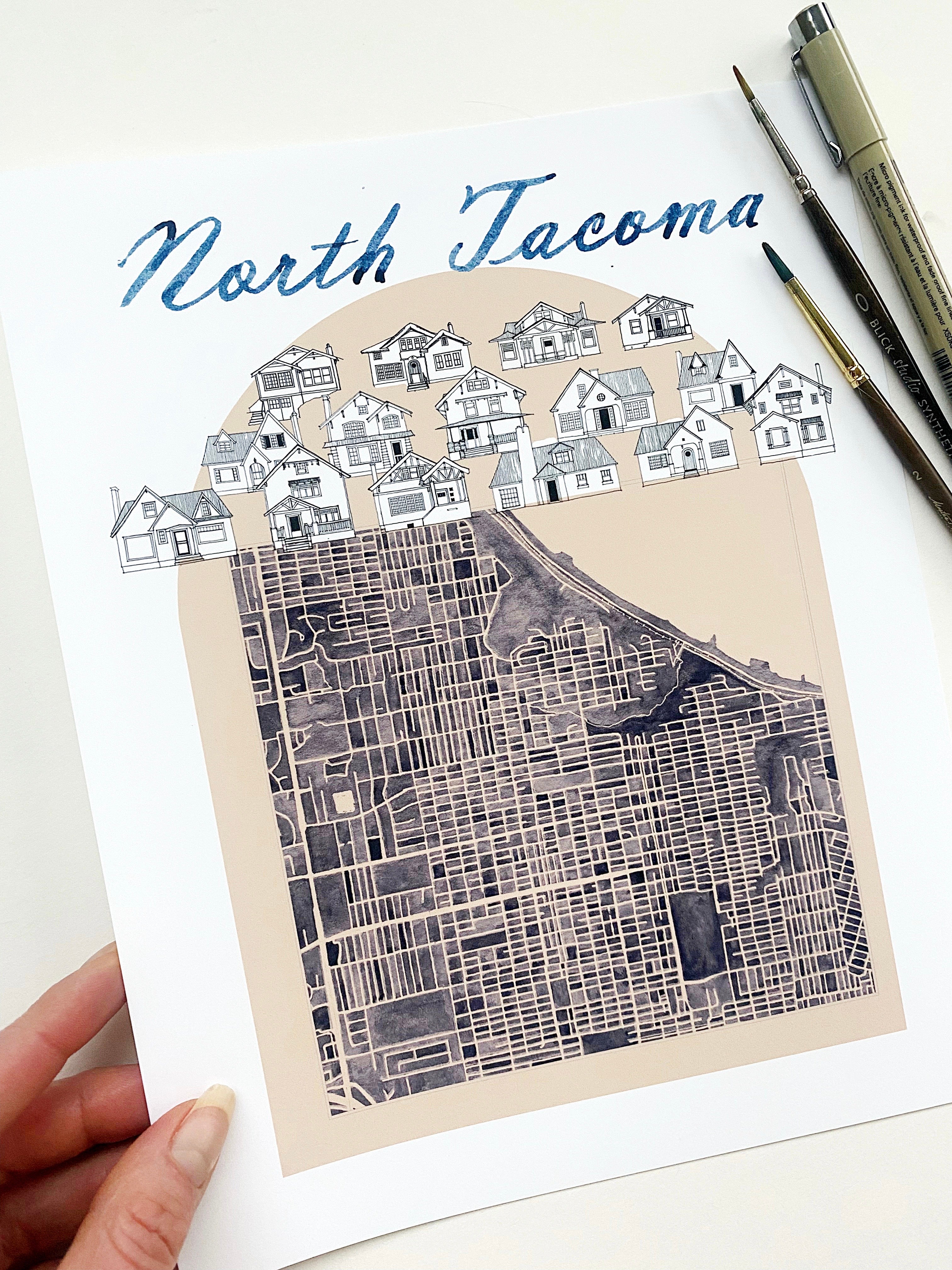 new NORTH TACOMA Neighborhood "Charms" Watercolor Map: PRINT