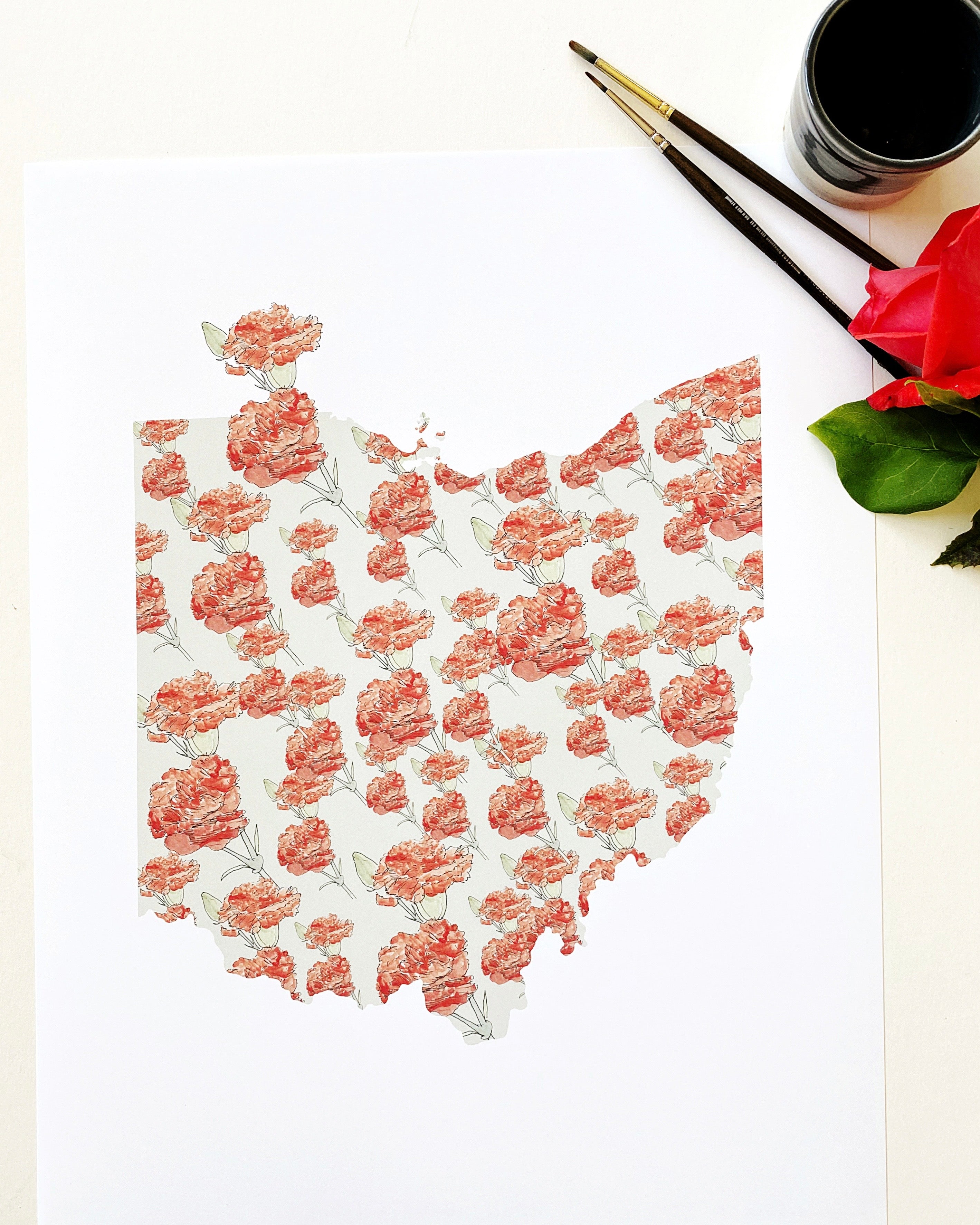 OHIO State Flower Map: Scarlet Carnation: PRINT