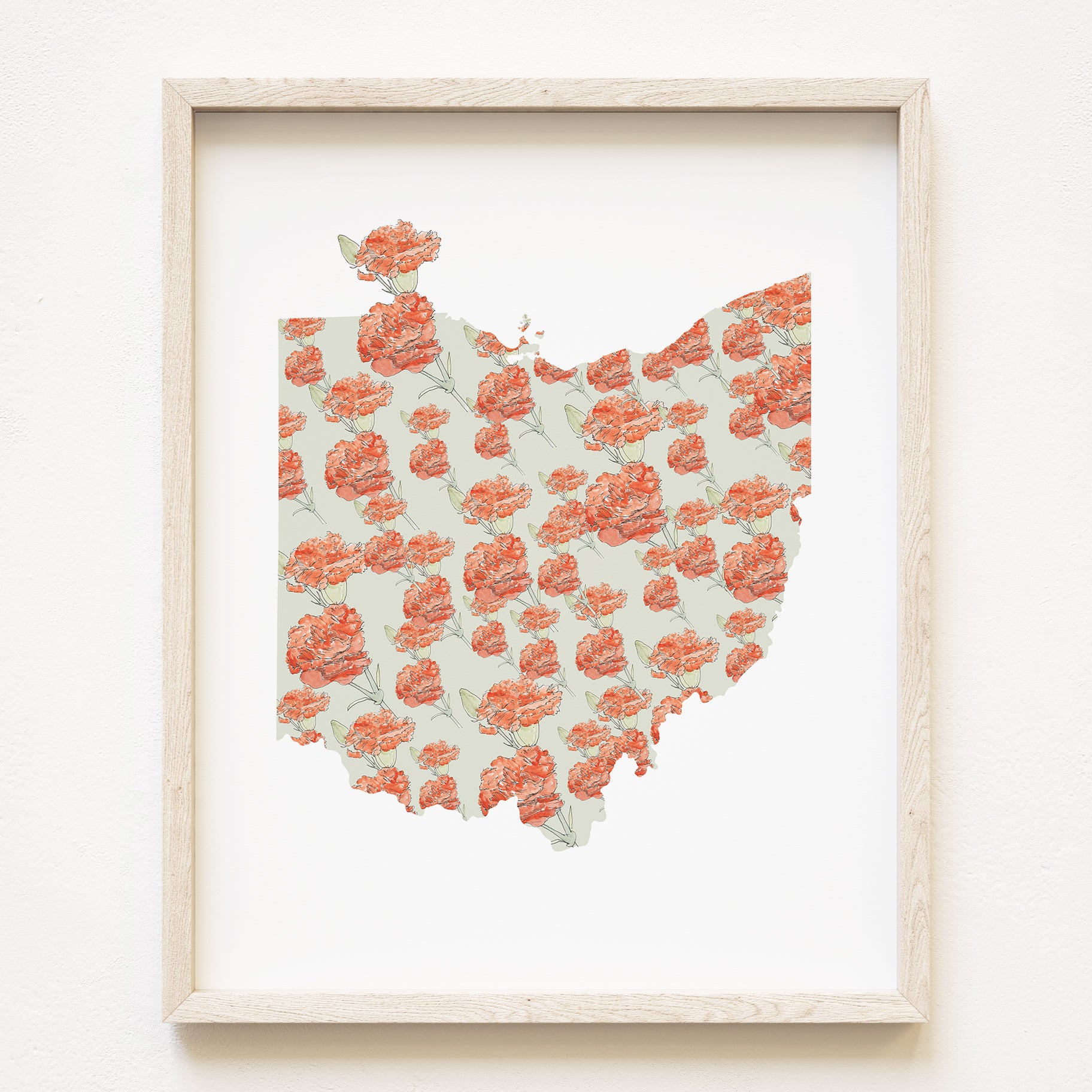 OHIO State Flower Map: Scarlet Carnation: PRINT