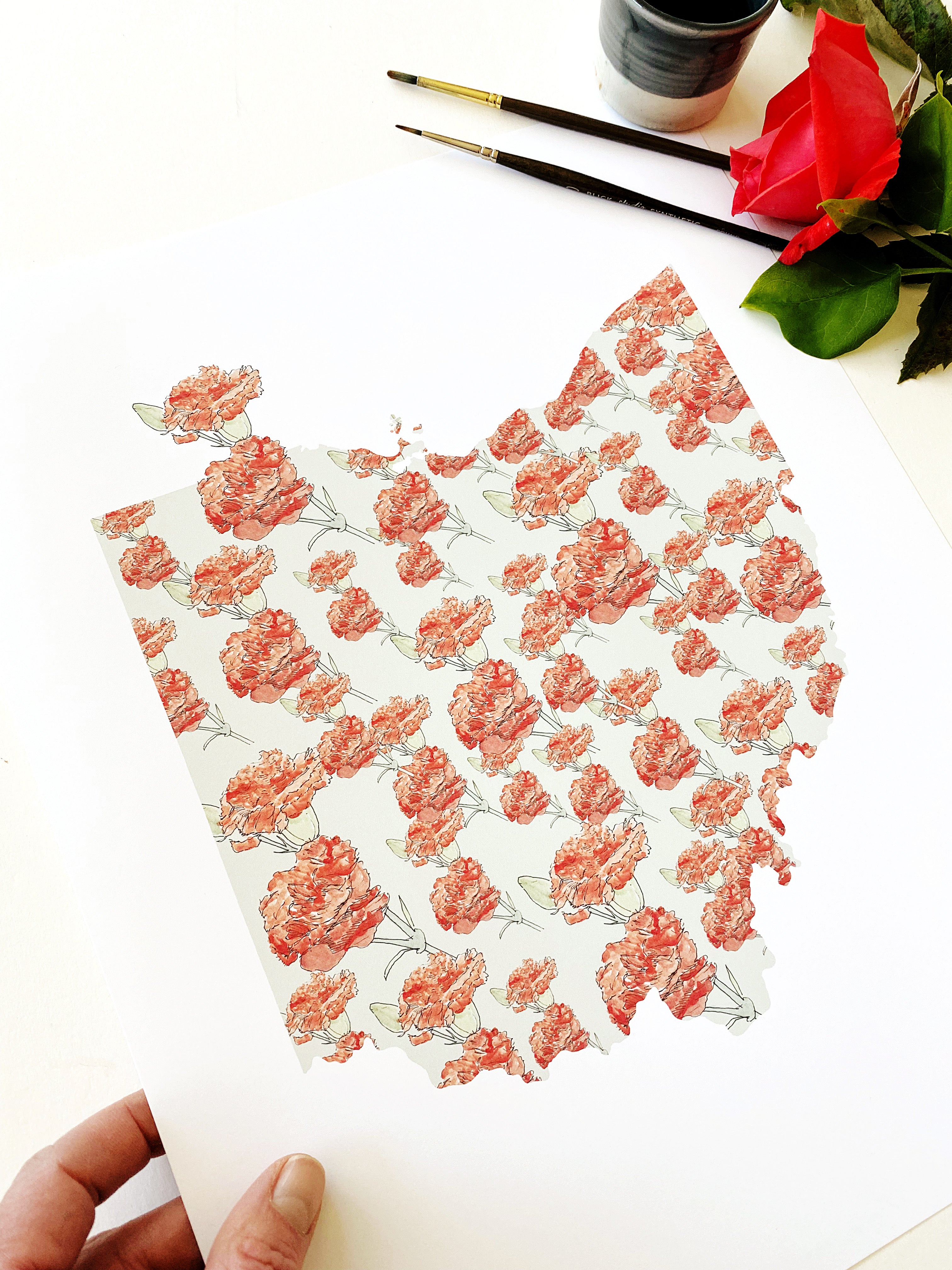 OHIO State Flower Map: Scarlet Carnation: PRINT