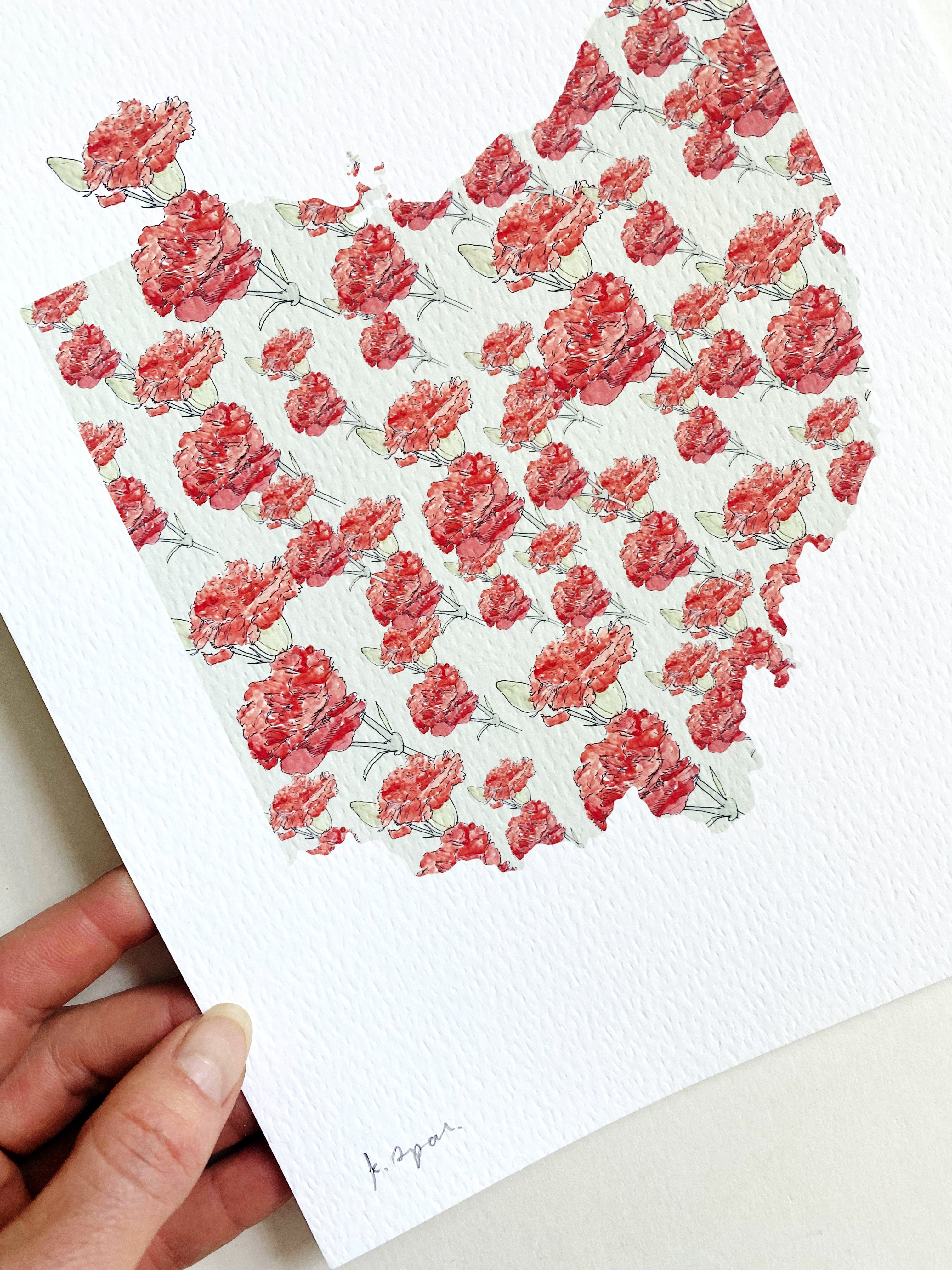 OHIO State Flower Map: Scarlet Carnation: PRINT