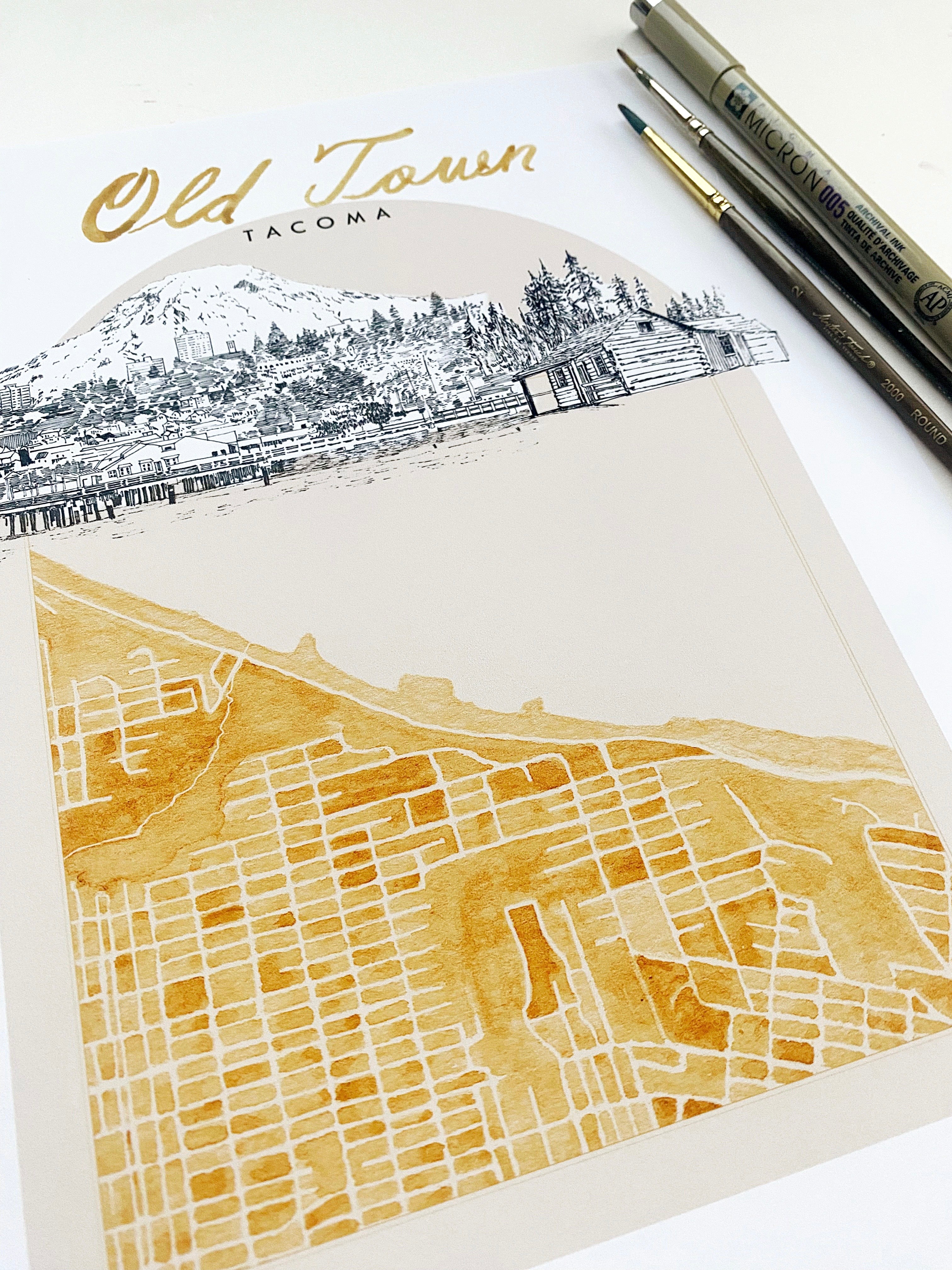 new OLD TOWN TACOMA Neighborhood "Charms" Watercolor Map: PRINT