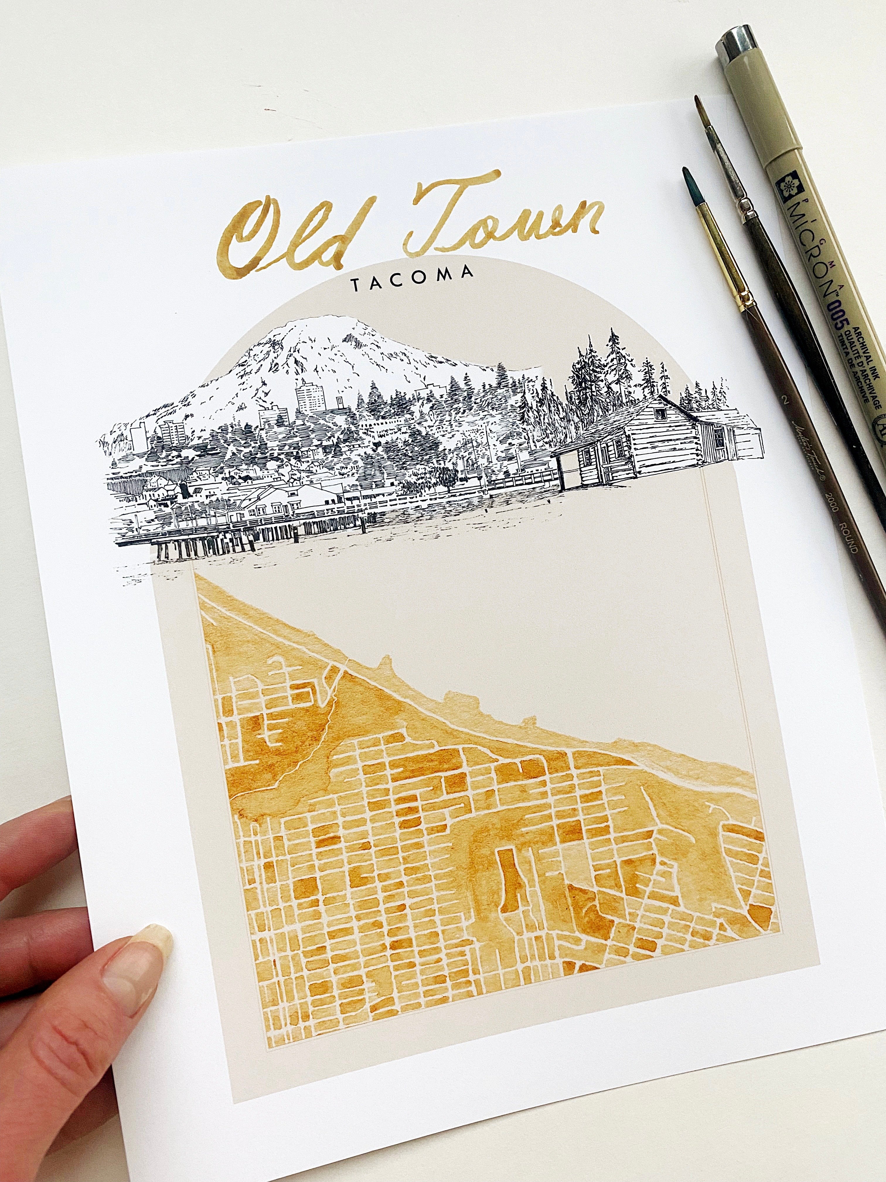 new OLD TOWN TACOMA Neighborhood "Charms" Watercolor Map: PRINT
