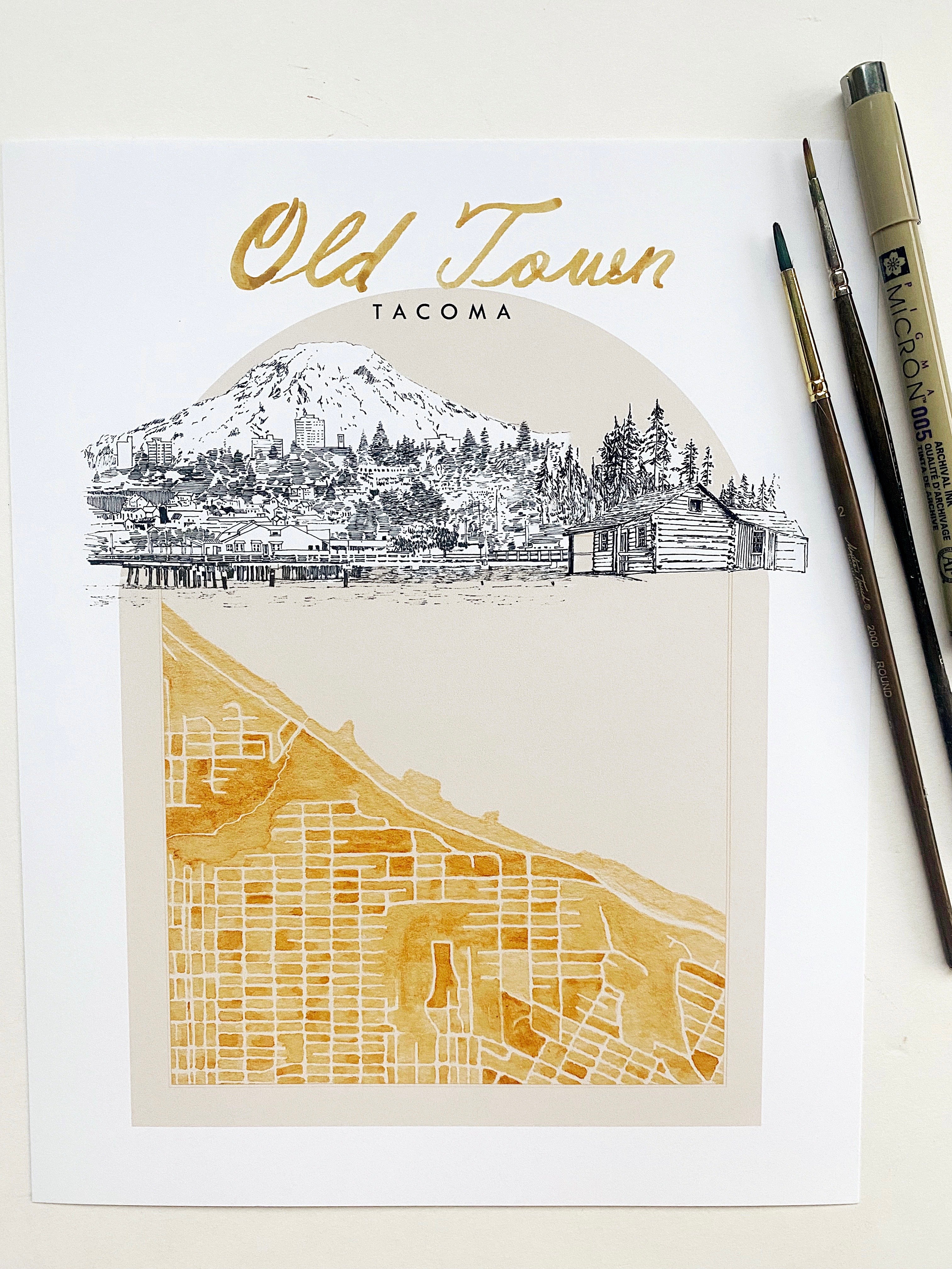 new OLD TOWN TACOMA Neighborhood "Charms" Watercolor Map: PRINT