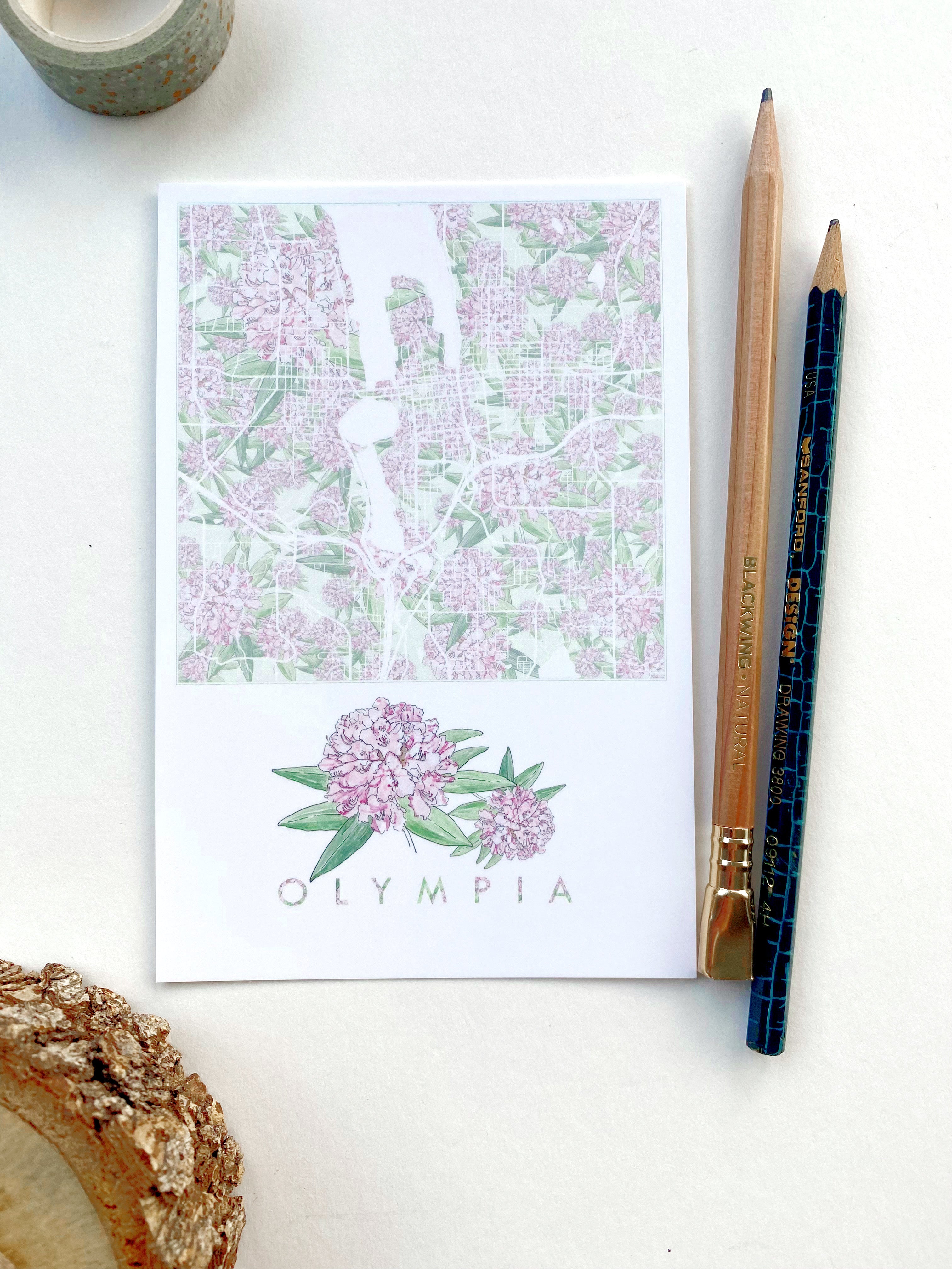 OLYMPIA Washington "Rhodies" State Flower Map Postcard