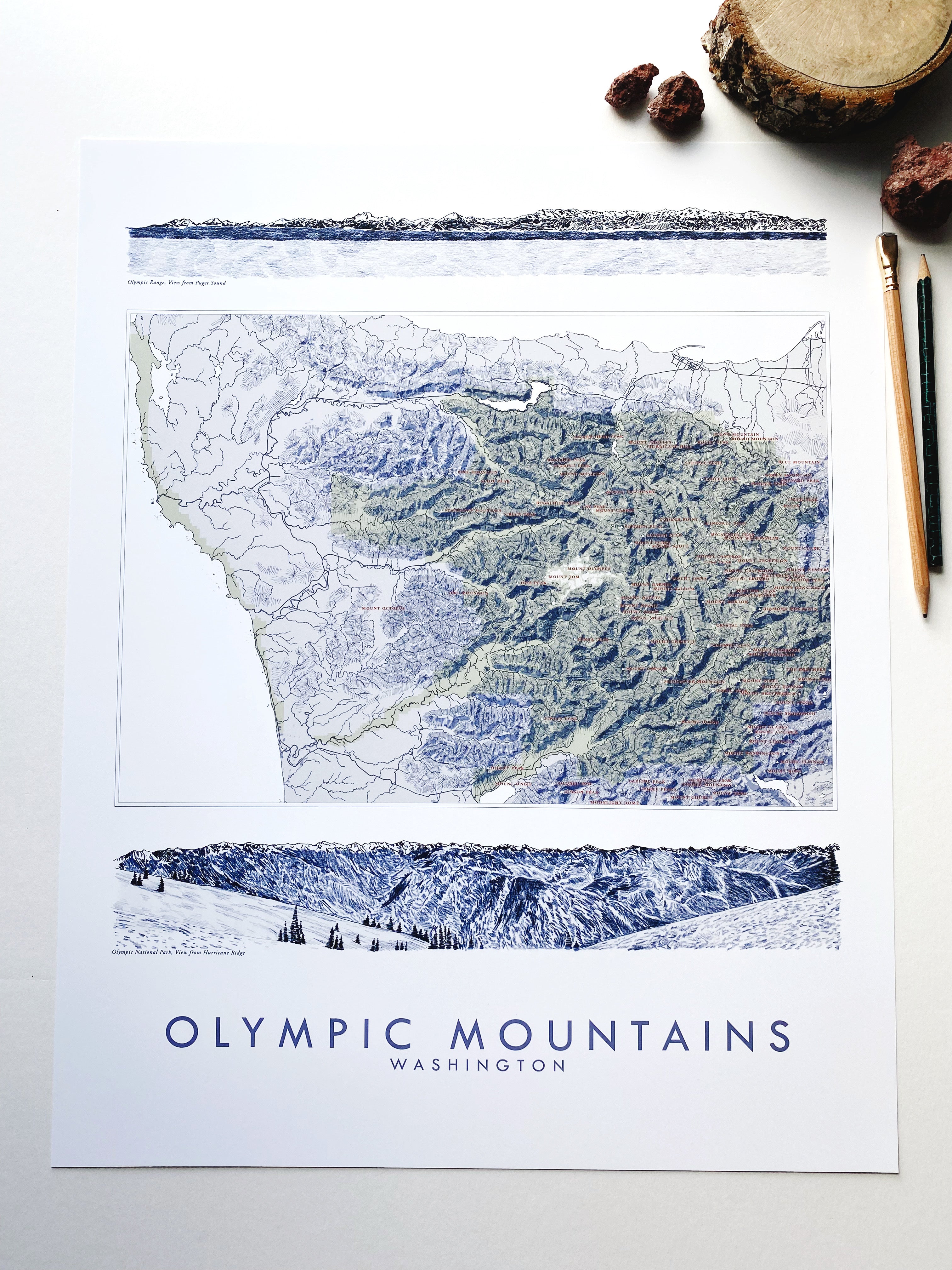 OLYMPIC MOUNTAINS Washington Topographical Mountain Map: PRINT
