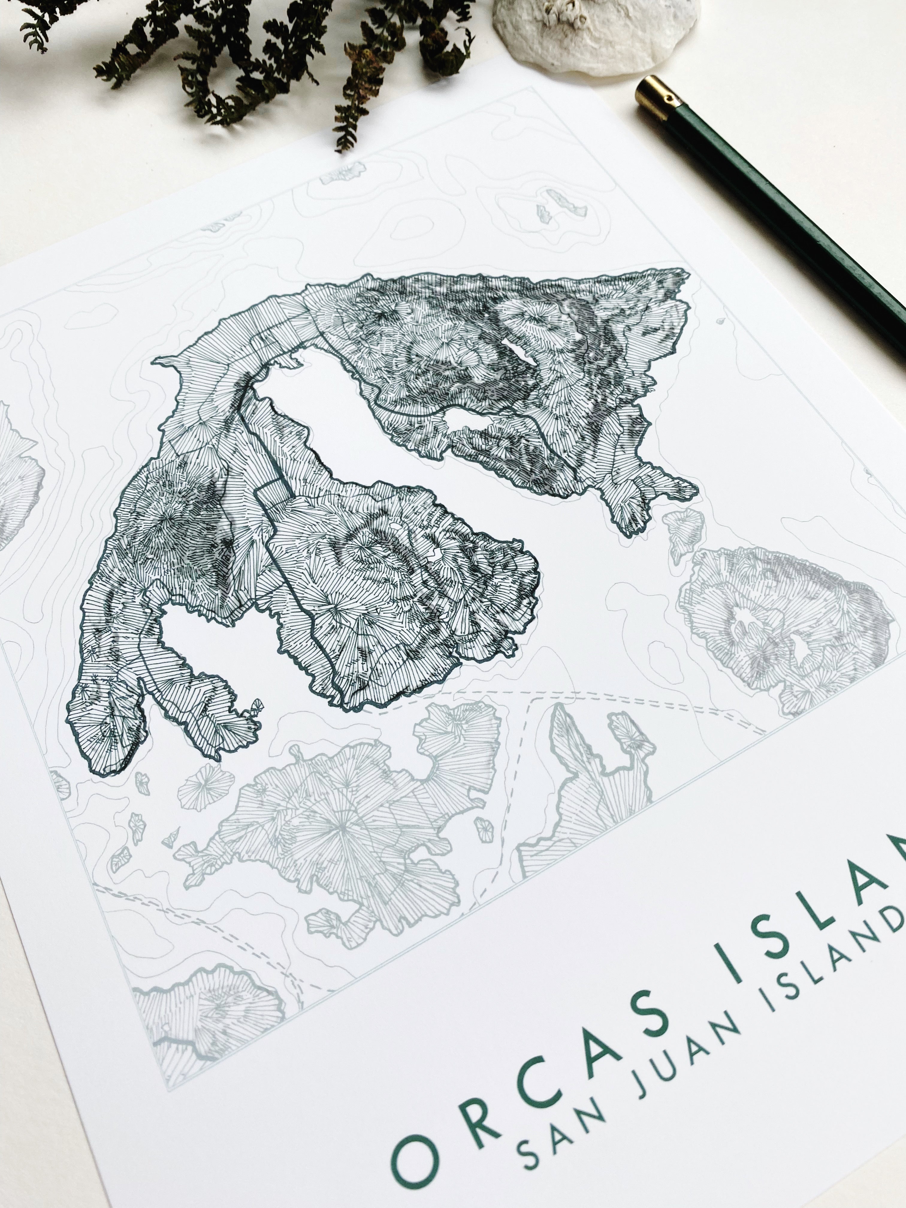 ORCAS ISLAND San Juan Islands WA Topographic + Bathymetric Map Drawing: PRINT