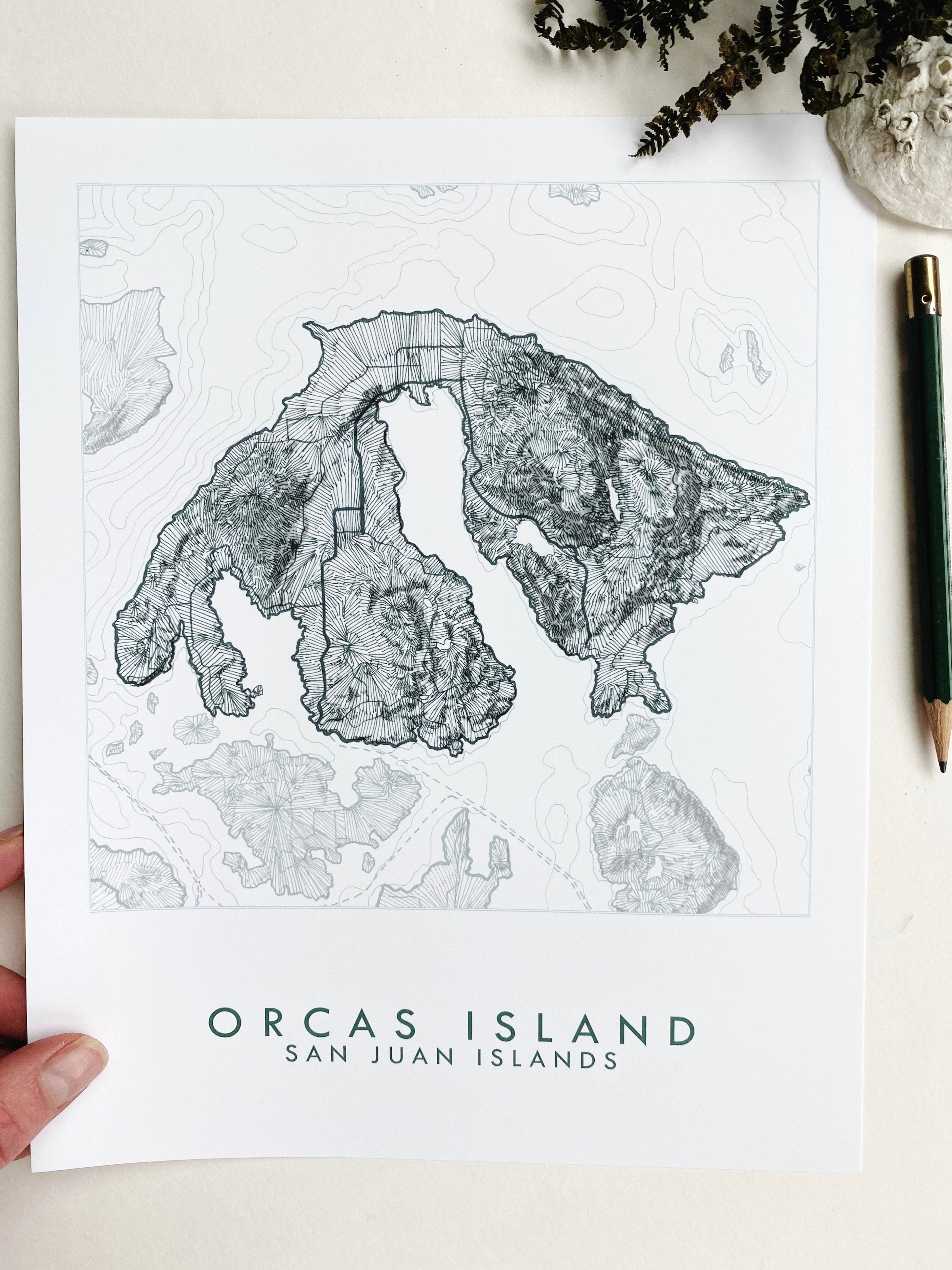 ORCAS ISLAND San Juan Islands WA Topographic + Bathymetric Map Drawing: PRINT