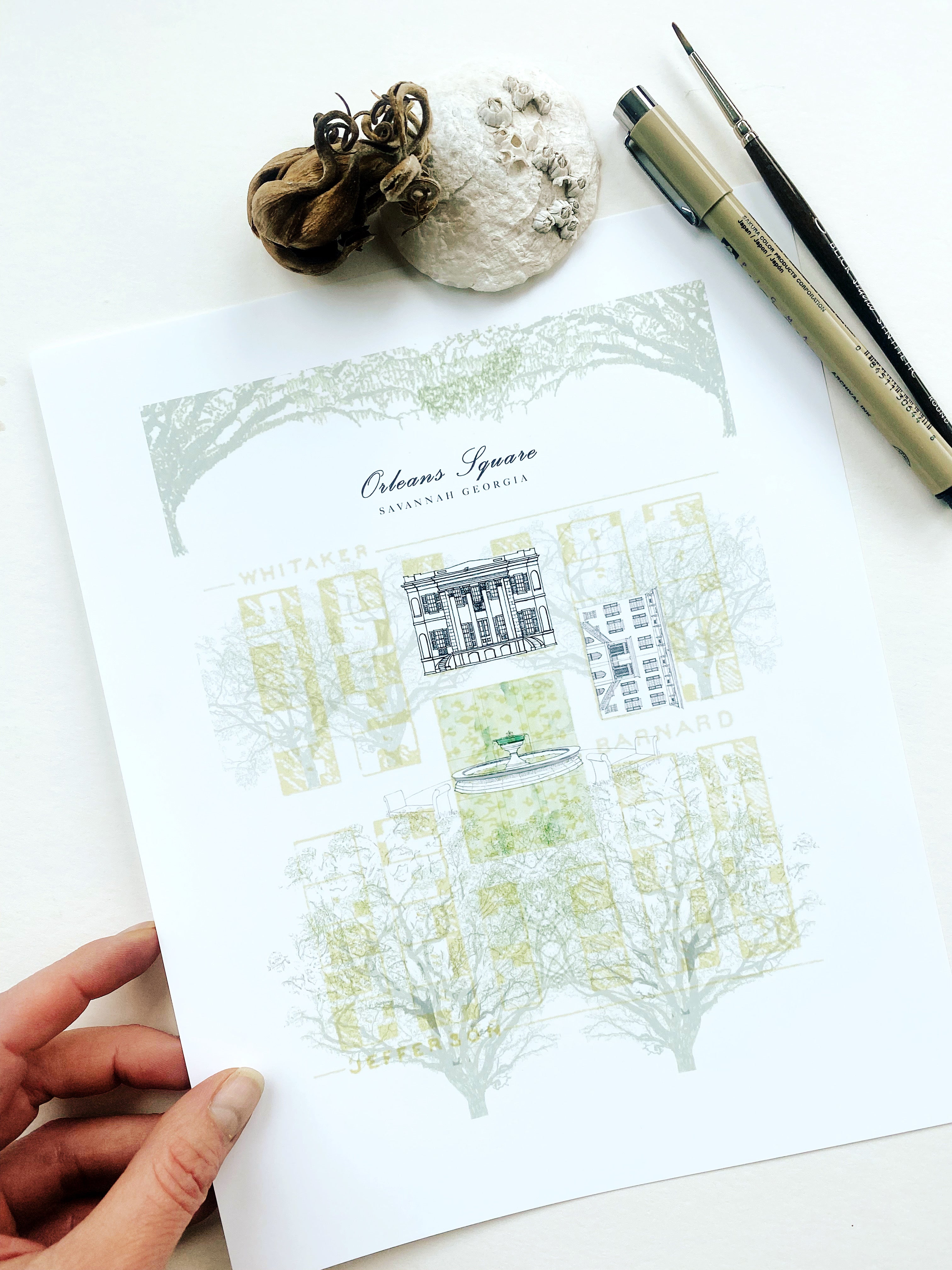 Savannah GA Orleans Square Map-drawing: ART PRINT