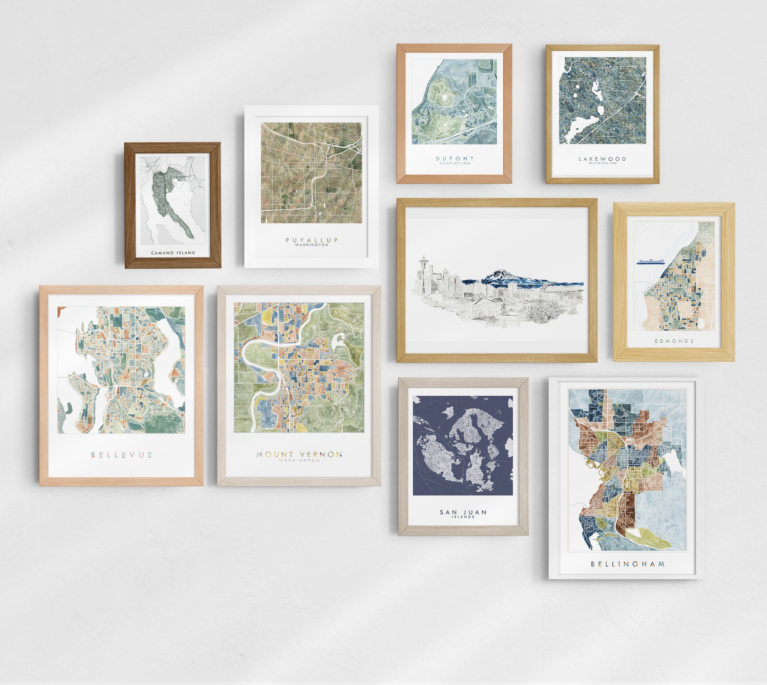 BELLINGHAM Neighborhoods Watercolor City Blocks Map: PRINT