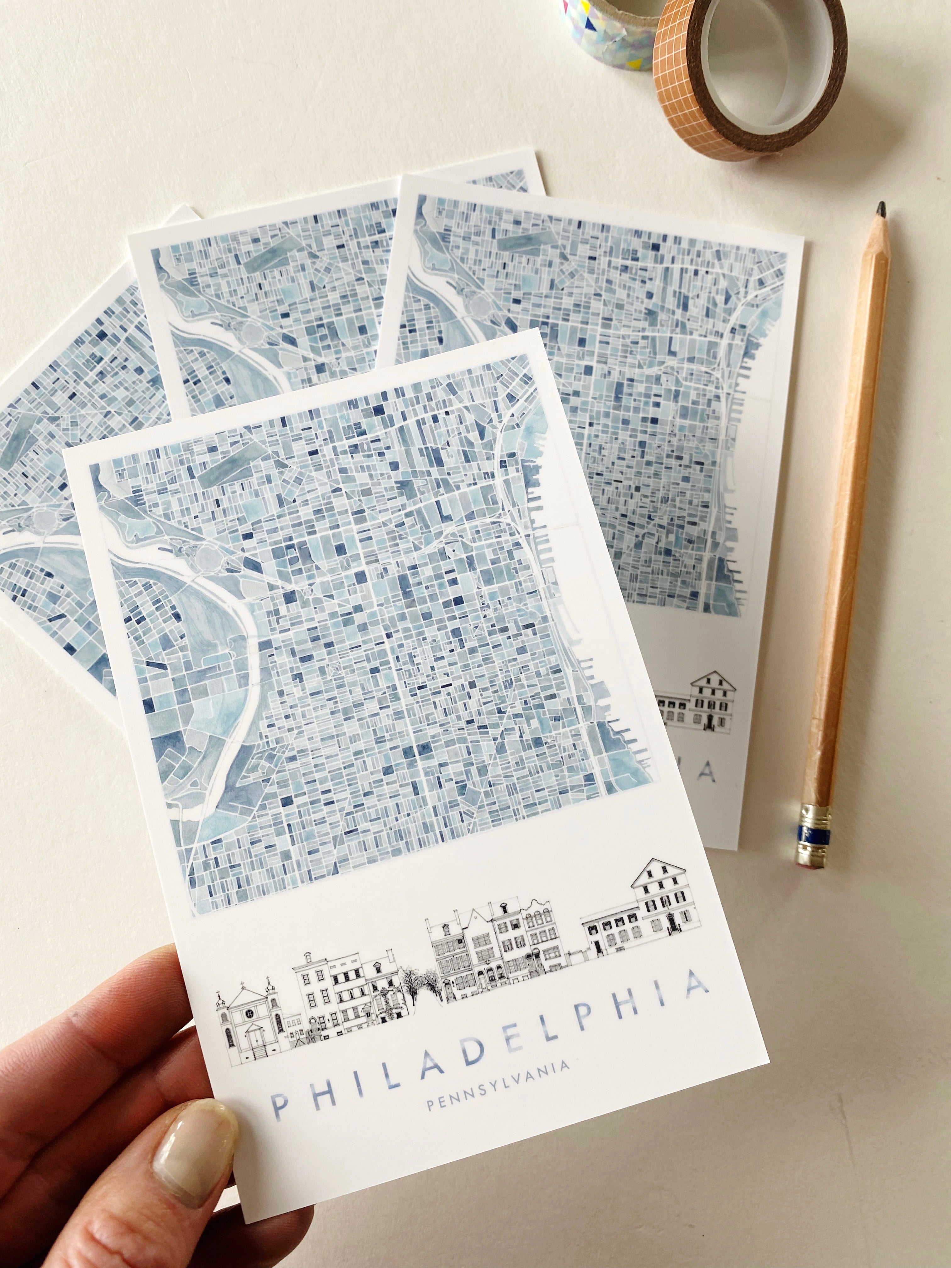 PHILADELPHIA Pennsylvania Watercolor Map + Streetscape - Standard Postcard