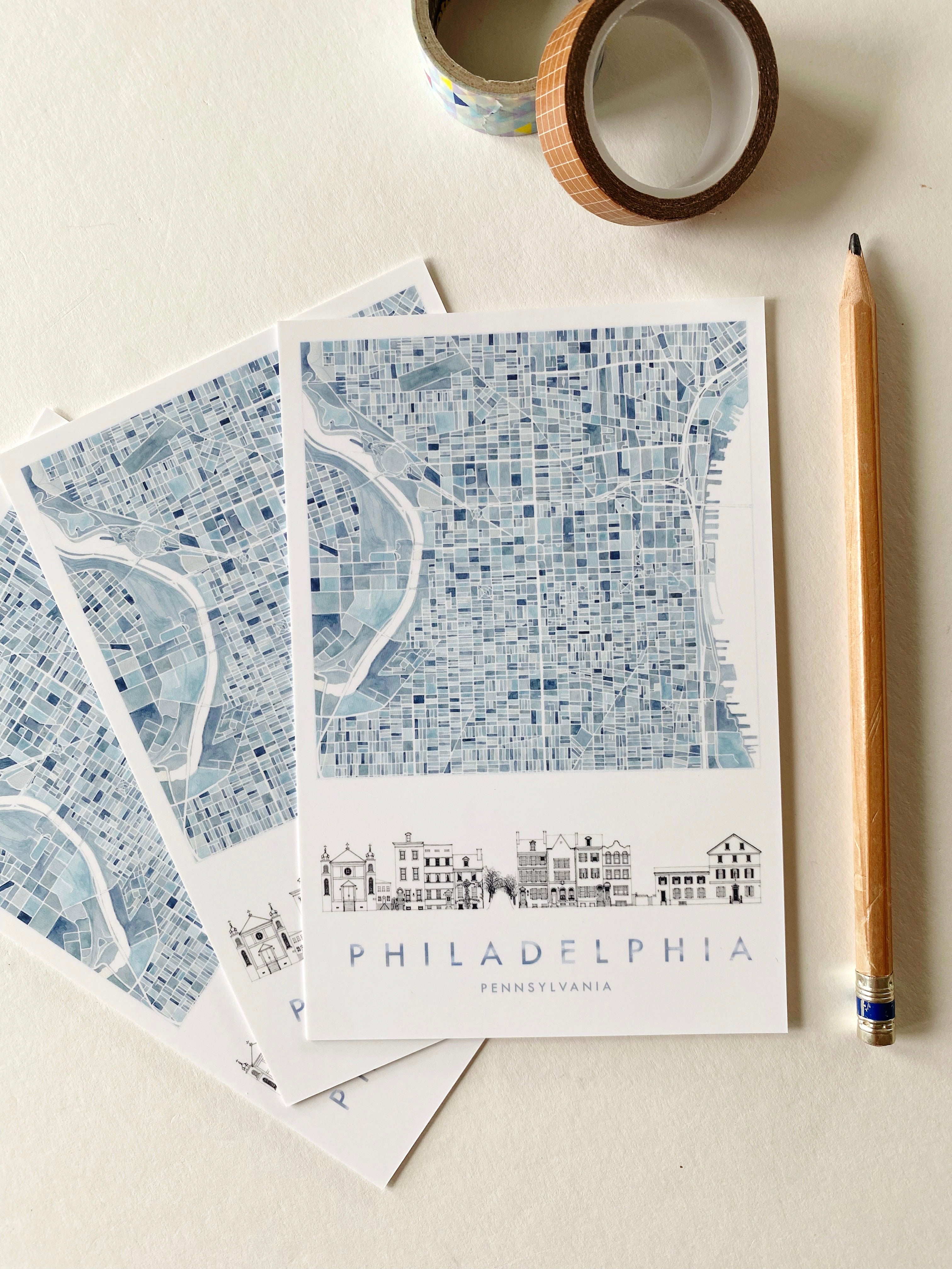 PHILADELPHIA Pennsylvania Watercolor Map + Streetscape - Standard Postcard
