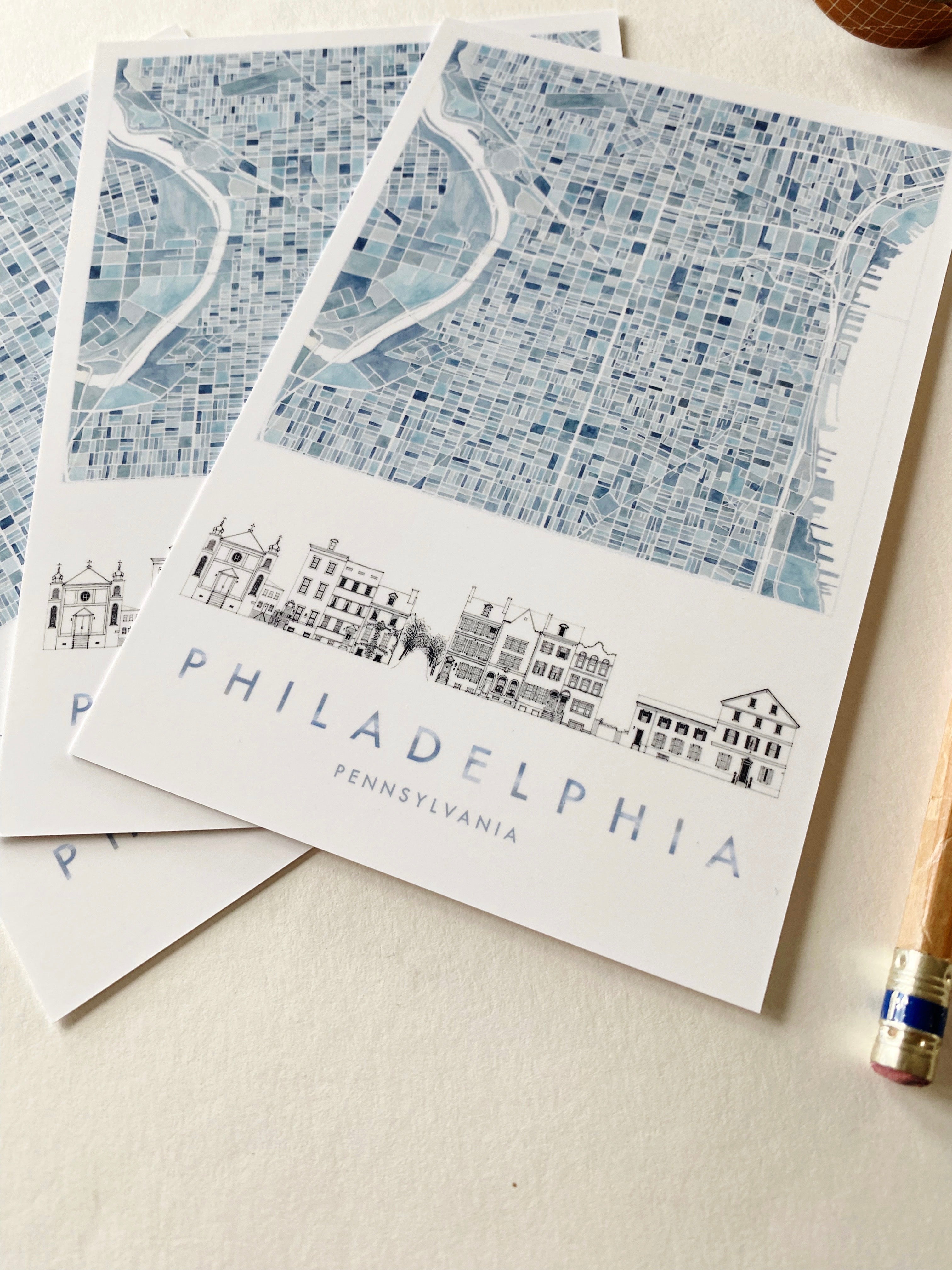 PHILADELPHIA Pennsylvania Watercolor Map + Streetscape - Standard Postcard