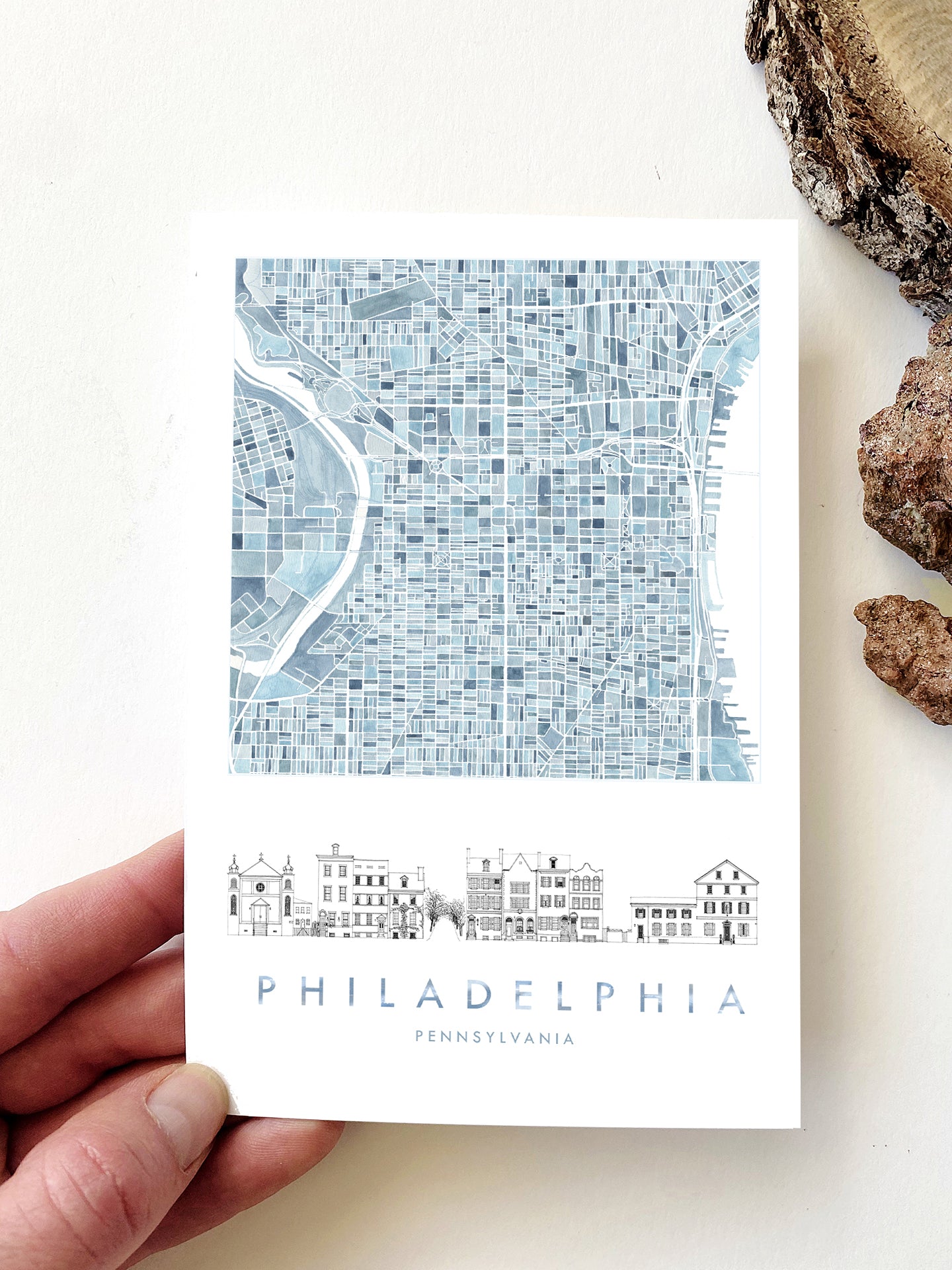 PHILADELPHIA Pennsylvania Watercolor Map + Streetscape - Standard Postcard