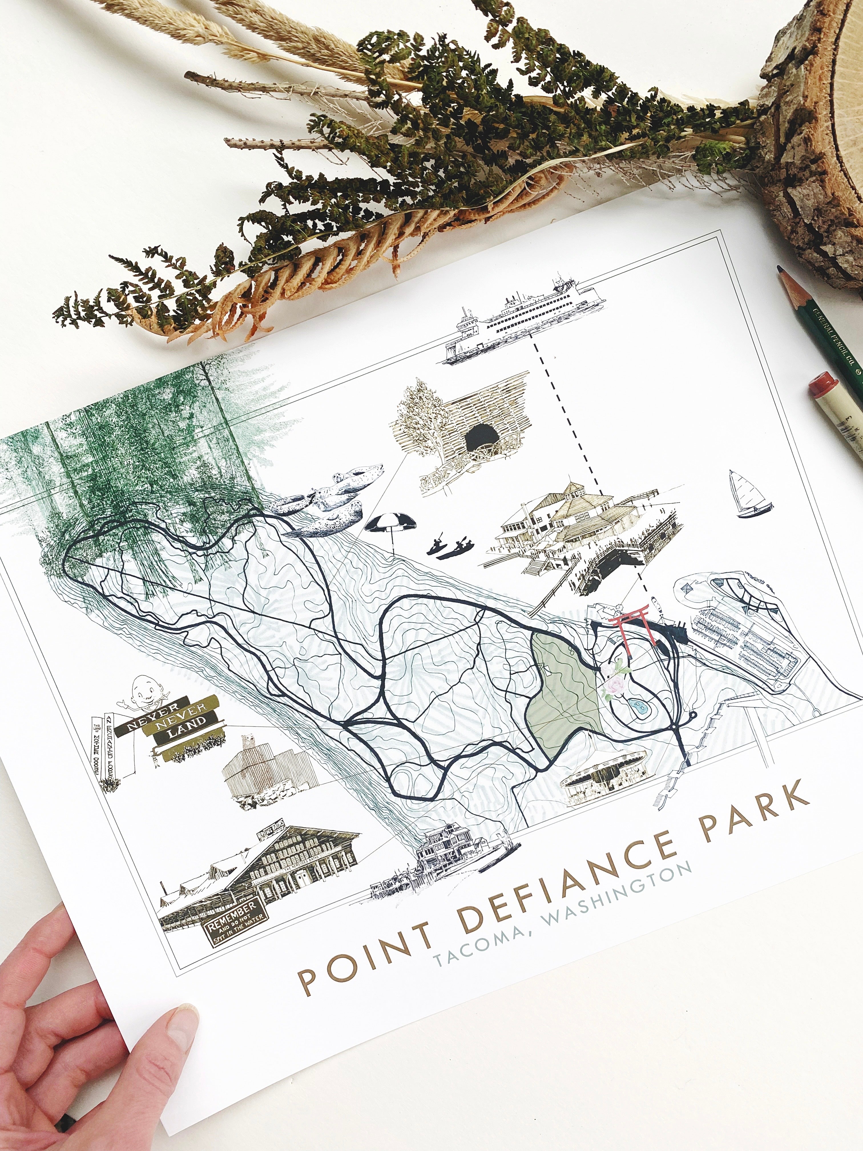 POINT DEFIANCE Park Art Map TACOMA Washington: Horizontal PRINT