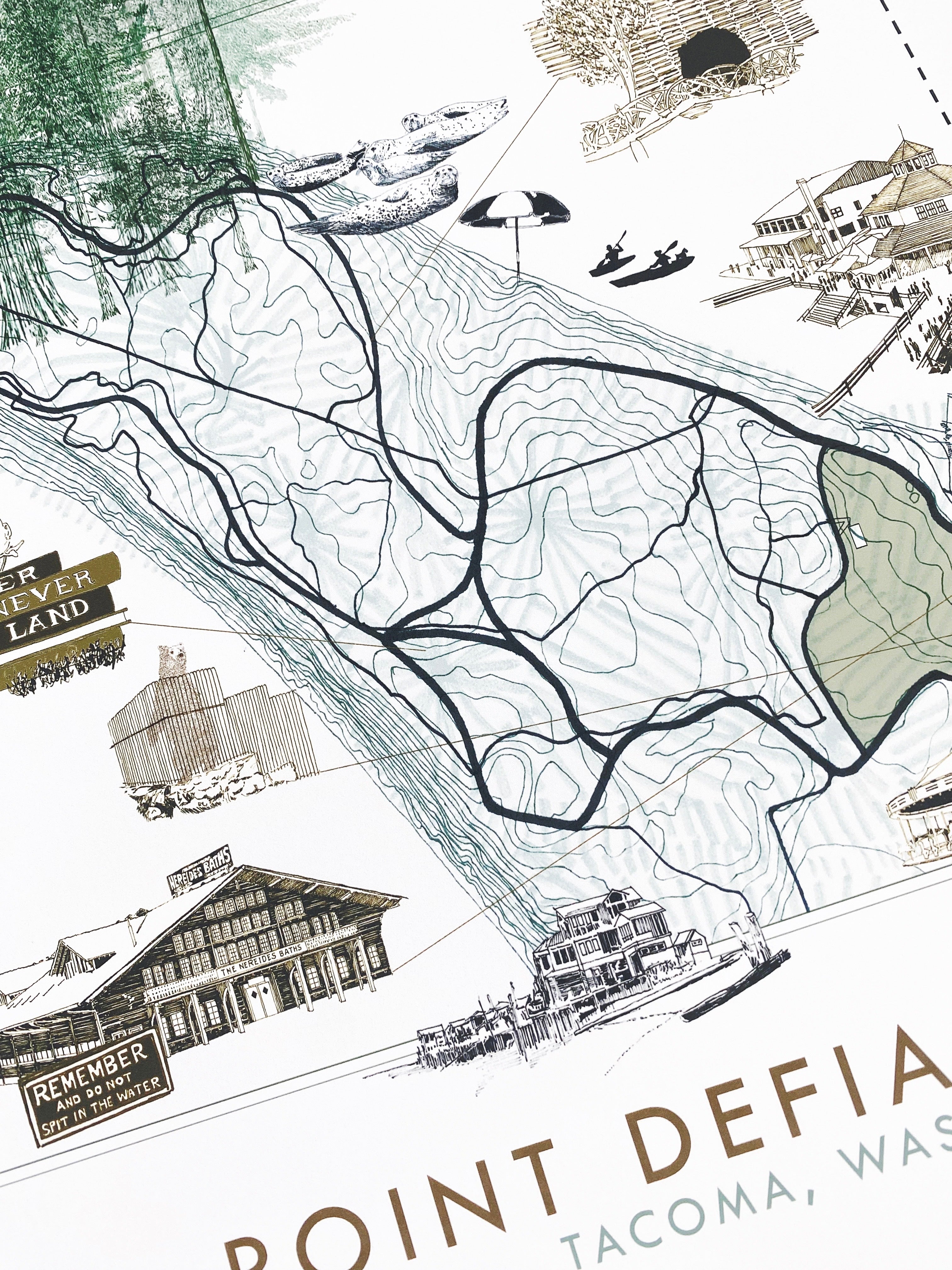 POINT DEFIANCE Park Art Map TACOMA Washington: Horizontal PRINT