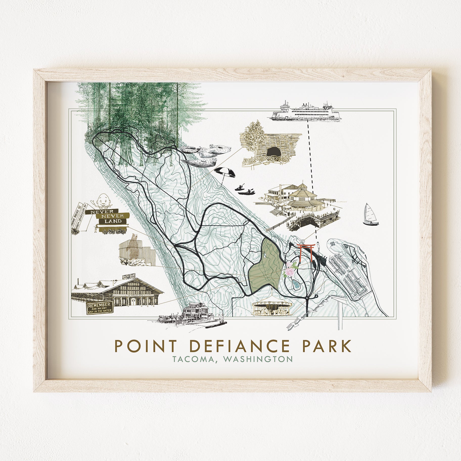 POINT DEFIANCE Park Art Map TACOMA Washington: Horizontal PRINT