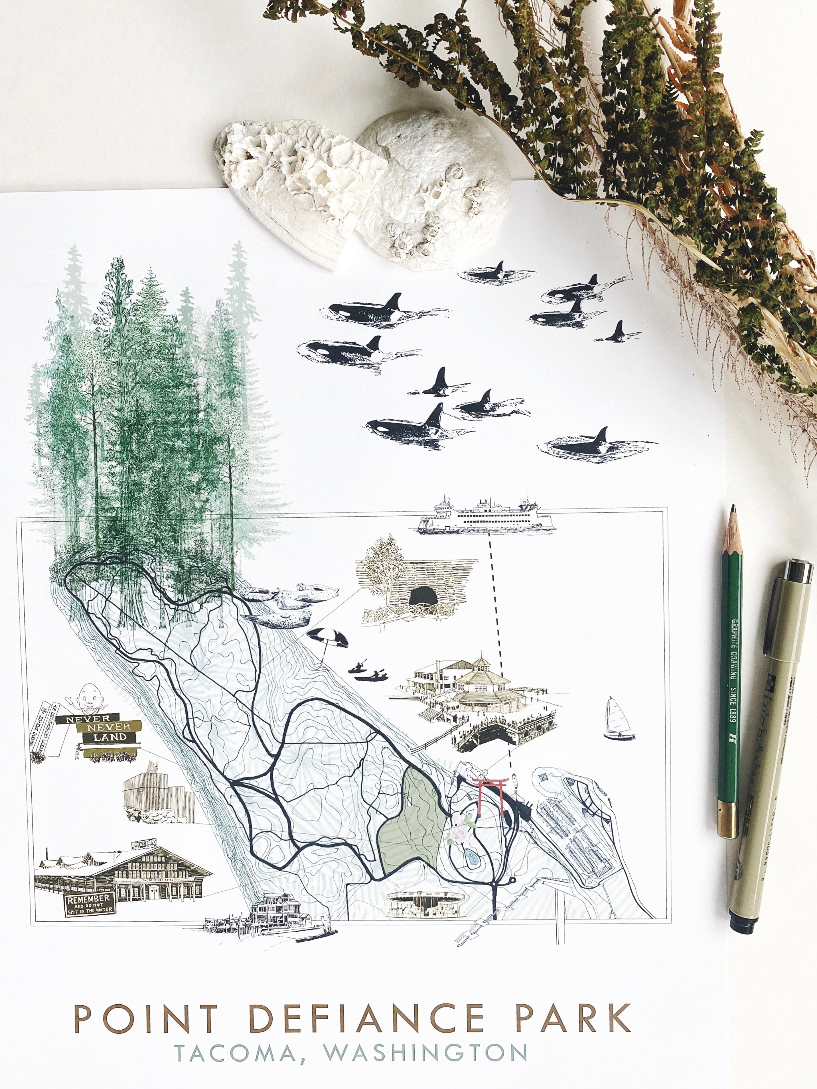 POINT DEFIANCE Park Art Map TACOMA Washington: Vertical PRINT