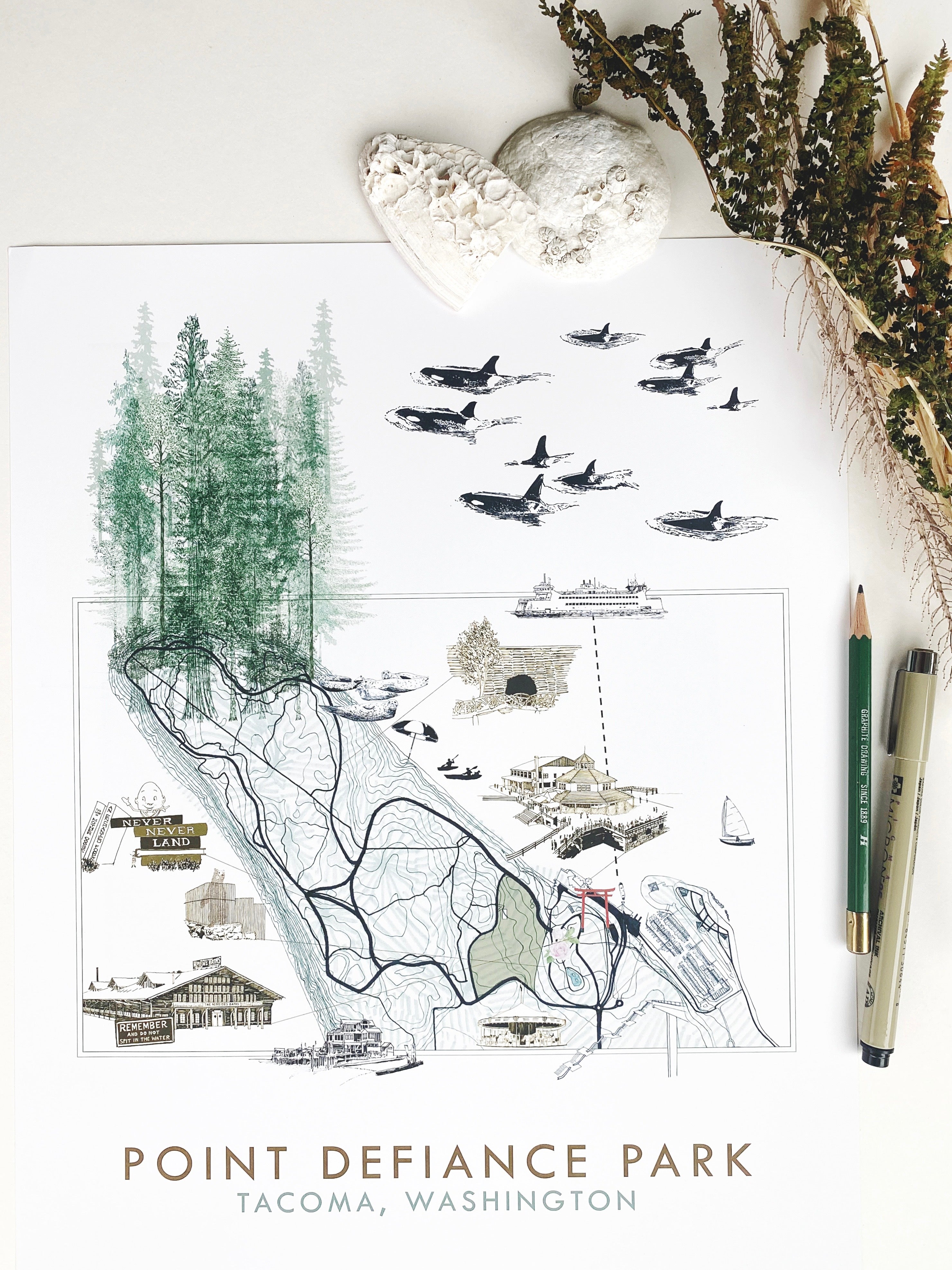 POINT DEFIANCE Park Art Map TACOMA Washington: Vertical PRINT