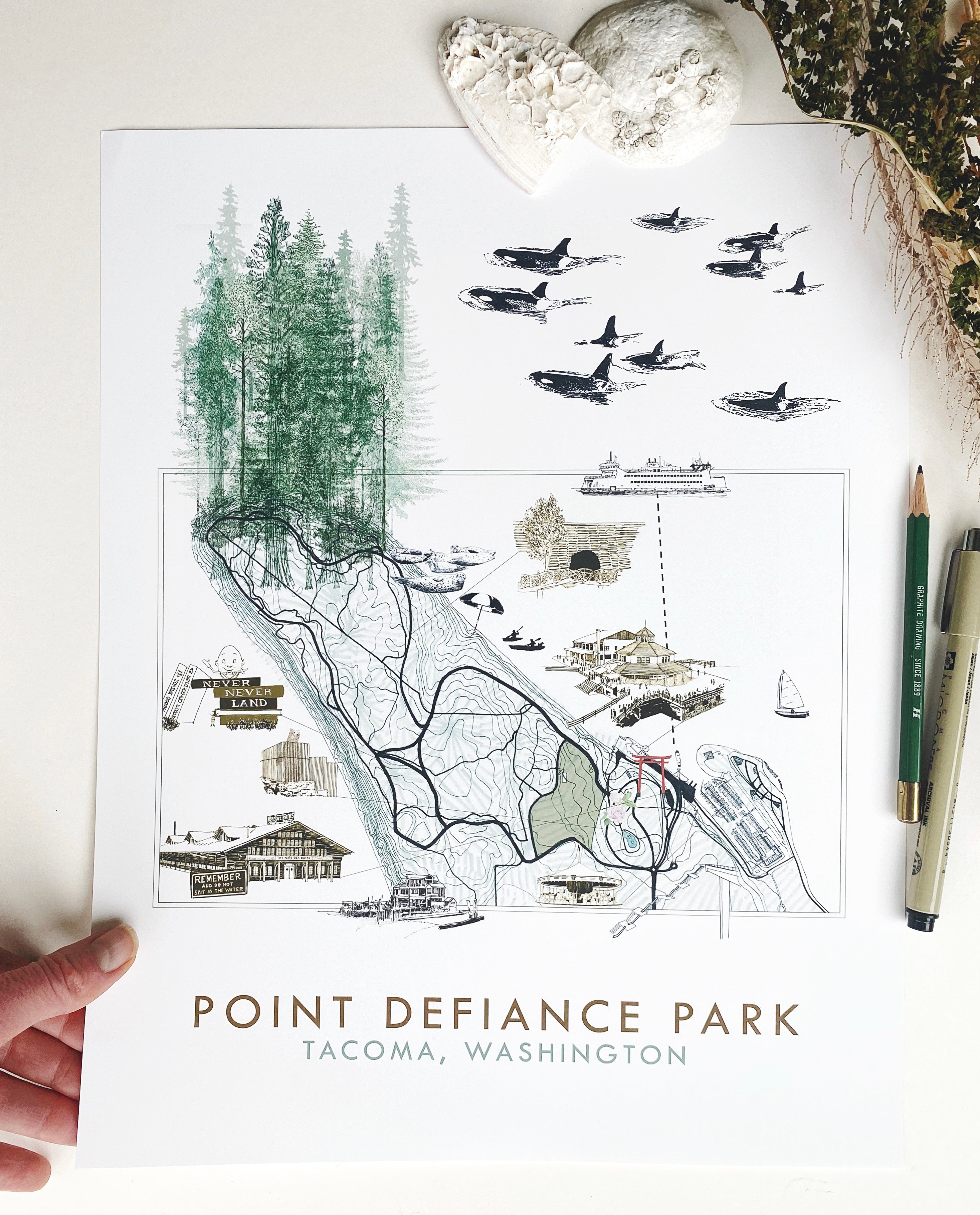 POINT DEFIANCE Park Art Map TACOMA Washington: Vertical PRINT