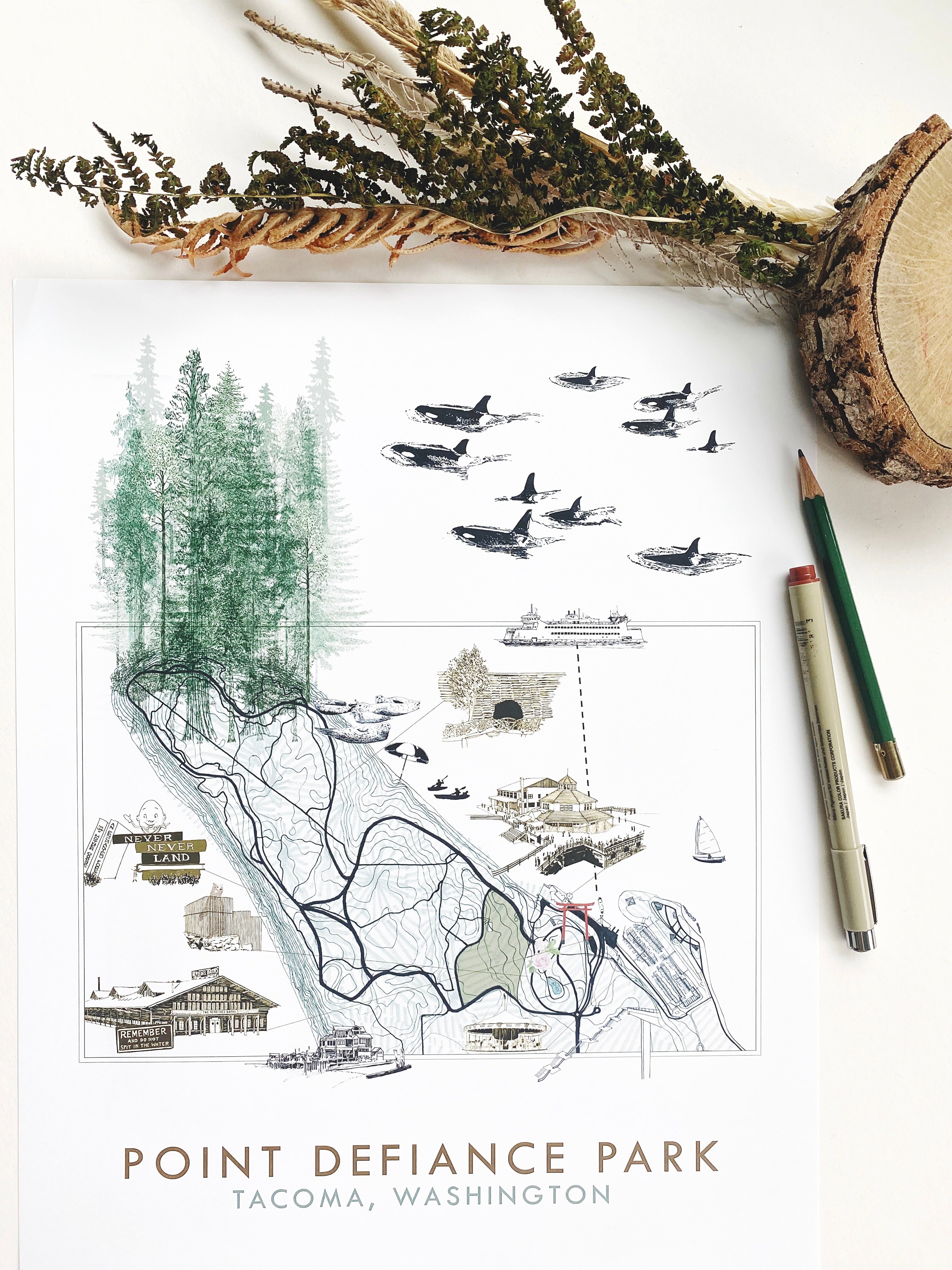 POINT DEFIANCE Park Art Map TACOMA Washington: Vertical PRINT