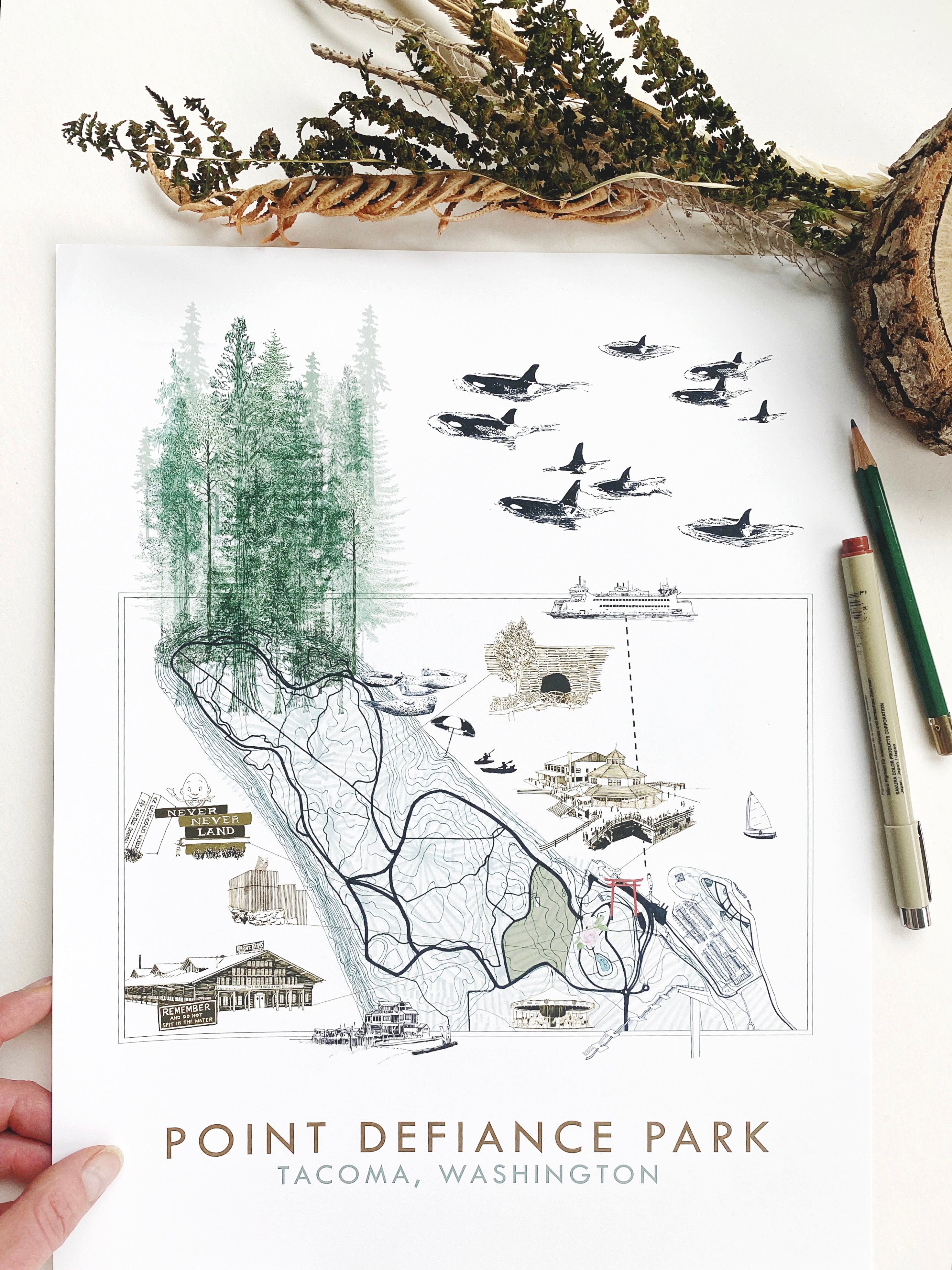 POINT DEFIANCE Park Art Map TACOMA Washington: Vertical PRINT
