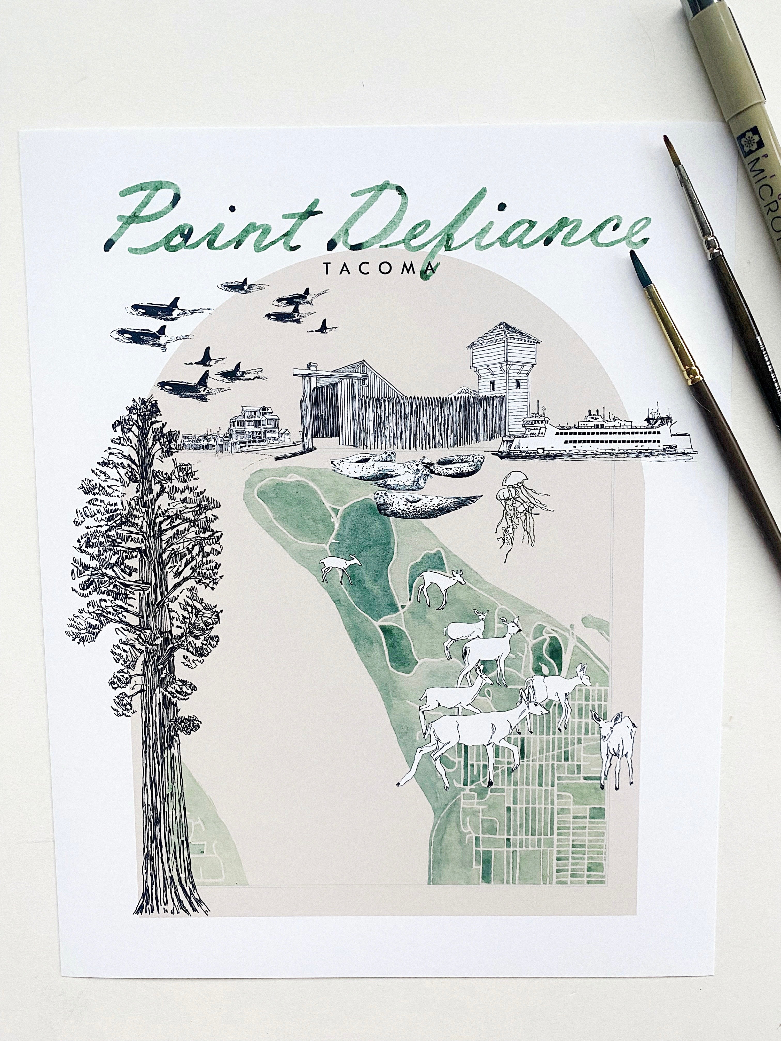 new POINT DEFIANCE TACOMA Neighborhood "Charms" Watercolor Map: PRINT