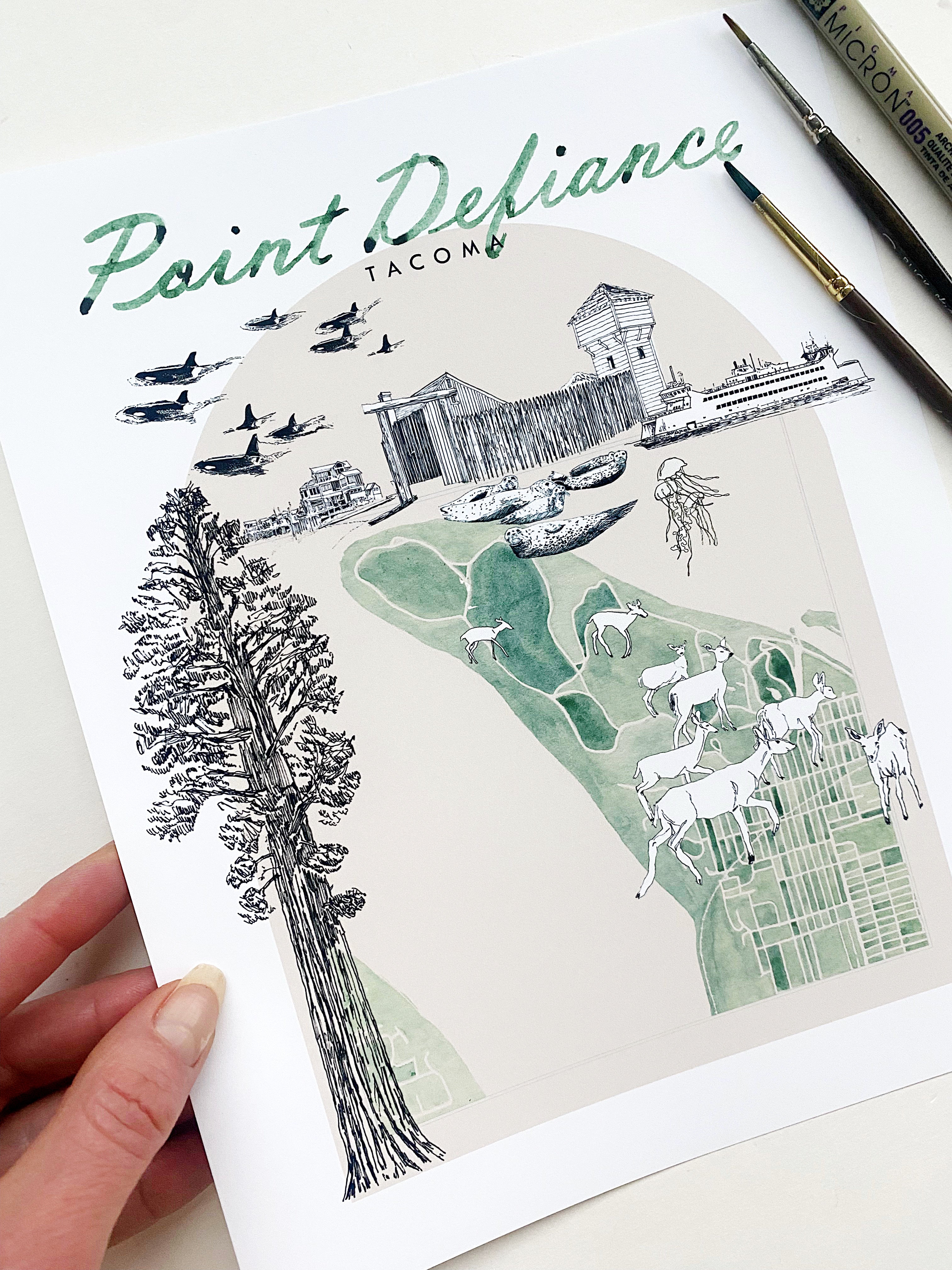 new POINT DEFIANCE TACOMA Neighborhood "Charms" Watercolor Map: PRINT