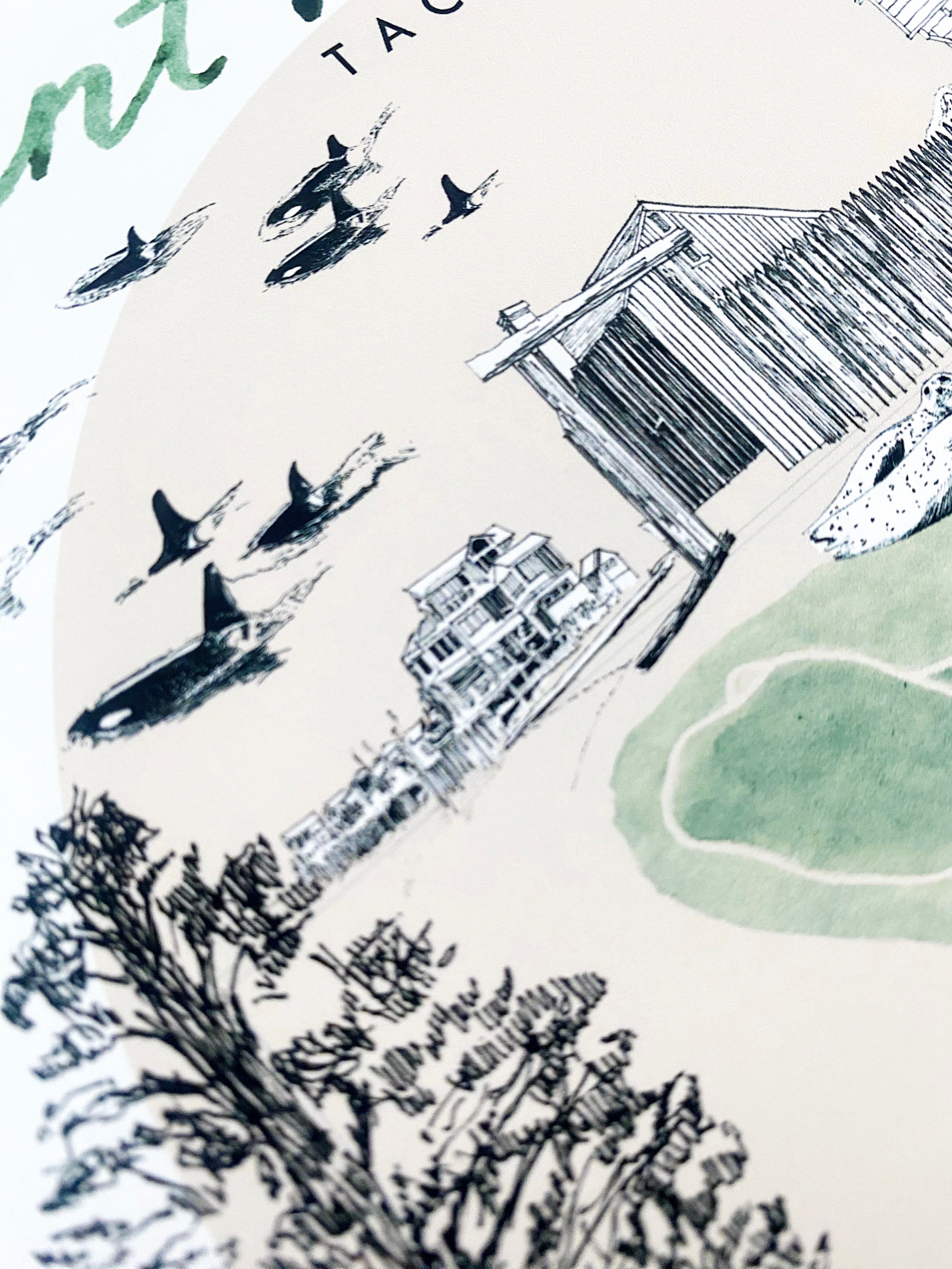 new POINT DEFIANCE TACOMA Neighborhood "Charms" Watercolor Map: PRINT