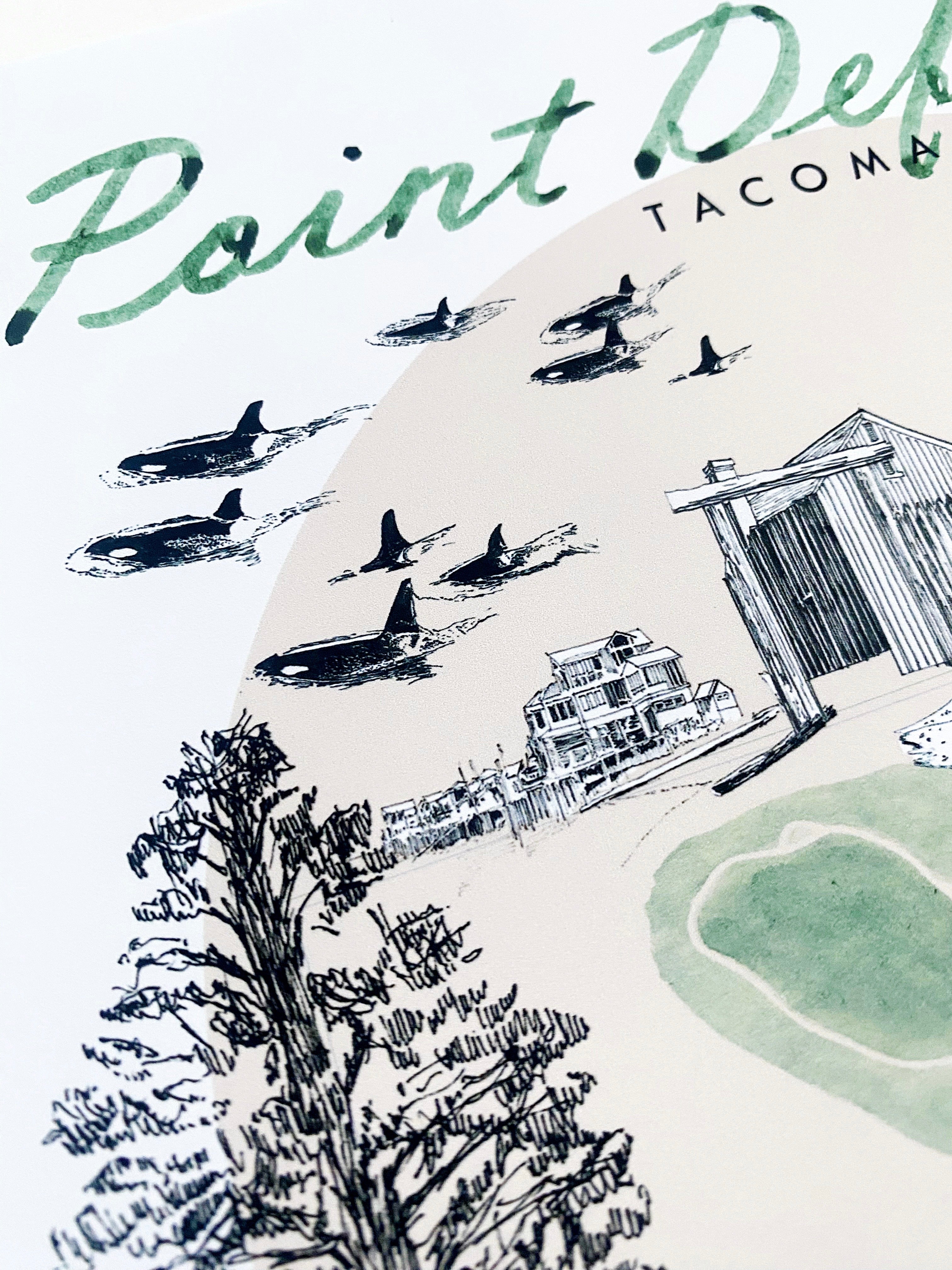 new POINT DEFIANCE TACOMA Neighborhood "Charms" Watercolor Map: PRINT